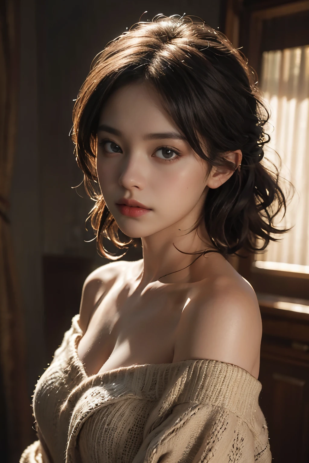 Best quality, masterpiece, ultra high res, (photorealistic:1.4), raw photo, 1girl, off shoulder, cinematic lighting