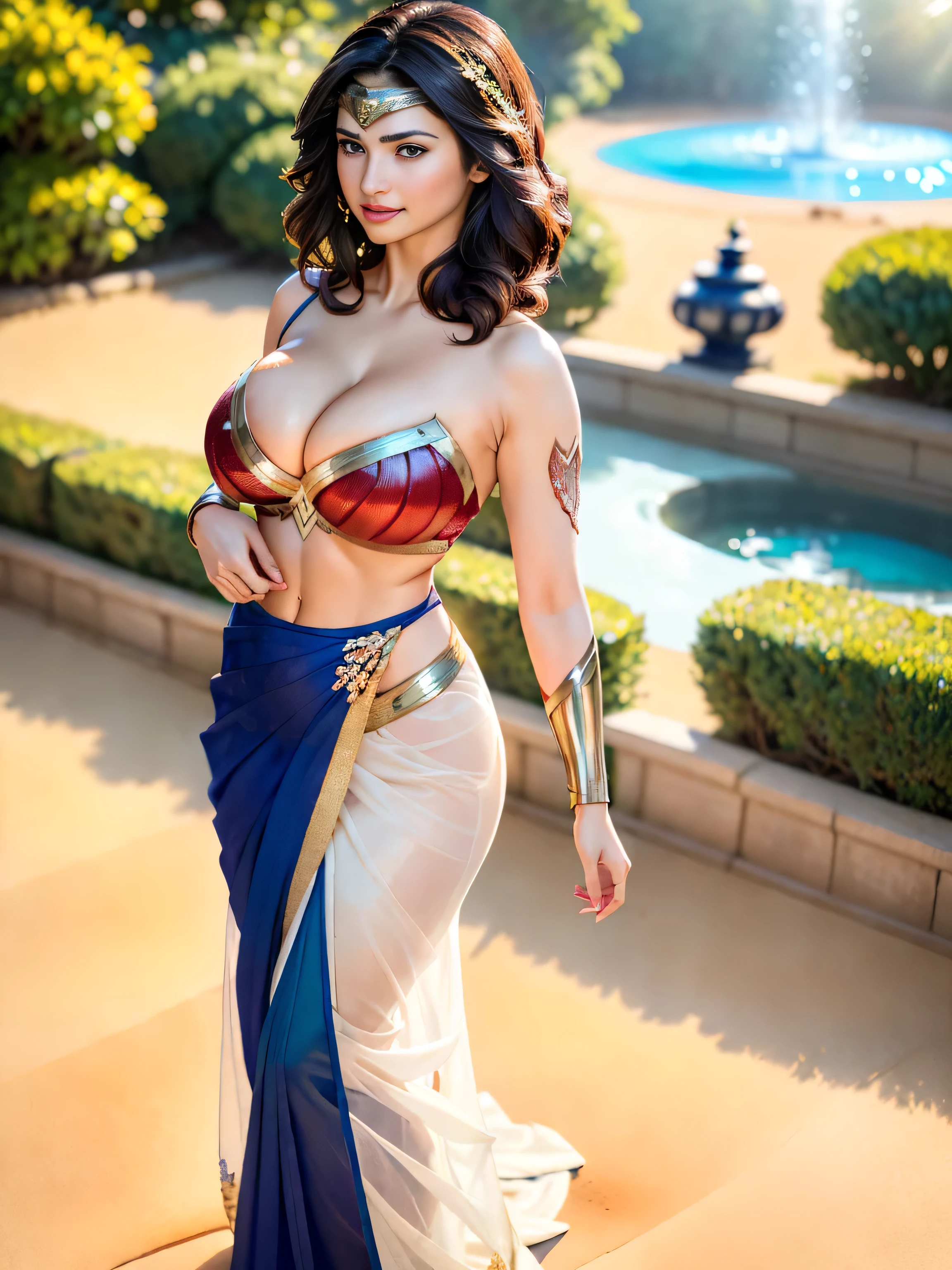 Hot, (((Stunningly Beautiful in Wonder Women Bodycon dress ))), (( Showing Cleavage : 1.4 )) , elegant blue black updo hair, sweet smile, Beautiful bride posing under a fairy tale arch of exotic magical flowers, looking up, laborate scene style, crystal glass lattice, glitter, transparent embroidered lace, realistic style, 8k,exposure blend, medium shot, bokeh, (cinematic), (hyperdetailed:1.2),Realism,1 girl, girl portrait, ((princess pose)) ,very very big breast, good anatomy, best quality, (((masterpiece))), high quality, realist, best detailed, details, realist skin, skin detailed, big , beautiful posing under a fairy tale of exotic magical flowers and meadows background, big_boobs , smile, flowers put on hand, wearing saffron paste on forehead, , Realism, High detailed ,Sexy Big Breast, girl wearing indian saree, show half nipple, flowers garden , meadows ,princess dress, undersized clothes, (wearing glitter graphics jewelry)big ,Sexy Big Breast, nipple, bright light ,long_hair, Bokeh ,nsfw, (( Perfect Eyes )), (( Perfect Shape )), Nippon Camera, 400 mm lens, unreal engine, 8K lightining, (( sunlight falling on body : 1.4 )) , (( lying on beach : 1.4 )) , (( shinny body : 1.4 )), (( reflective body : 1.4 )), (( vintage Japan : 1.4 )), (( Bright Sunny Day : 1.4 )), (( Cute Smile : 1.4 )), (( light falling on body : 1.4 )), (( Standing : 1.4 )), (( Indian Location : 1.4 )), (( Indian dress : 1.4 )), (( showing stomach : 1.4 )), (( showing abs : 1.4 )), (( Leaves falling from Tress : 1.4 )), (( Japan hut : 1.4 )), (( fountain in back ground : 1.4 )), (( Wearing Transparent black Saree : 1.4)), (( Belly visible : 1.4 ))