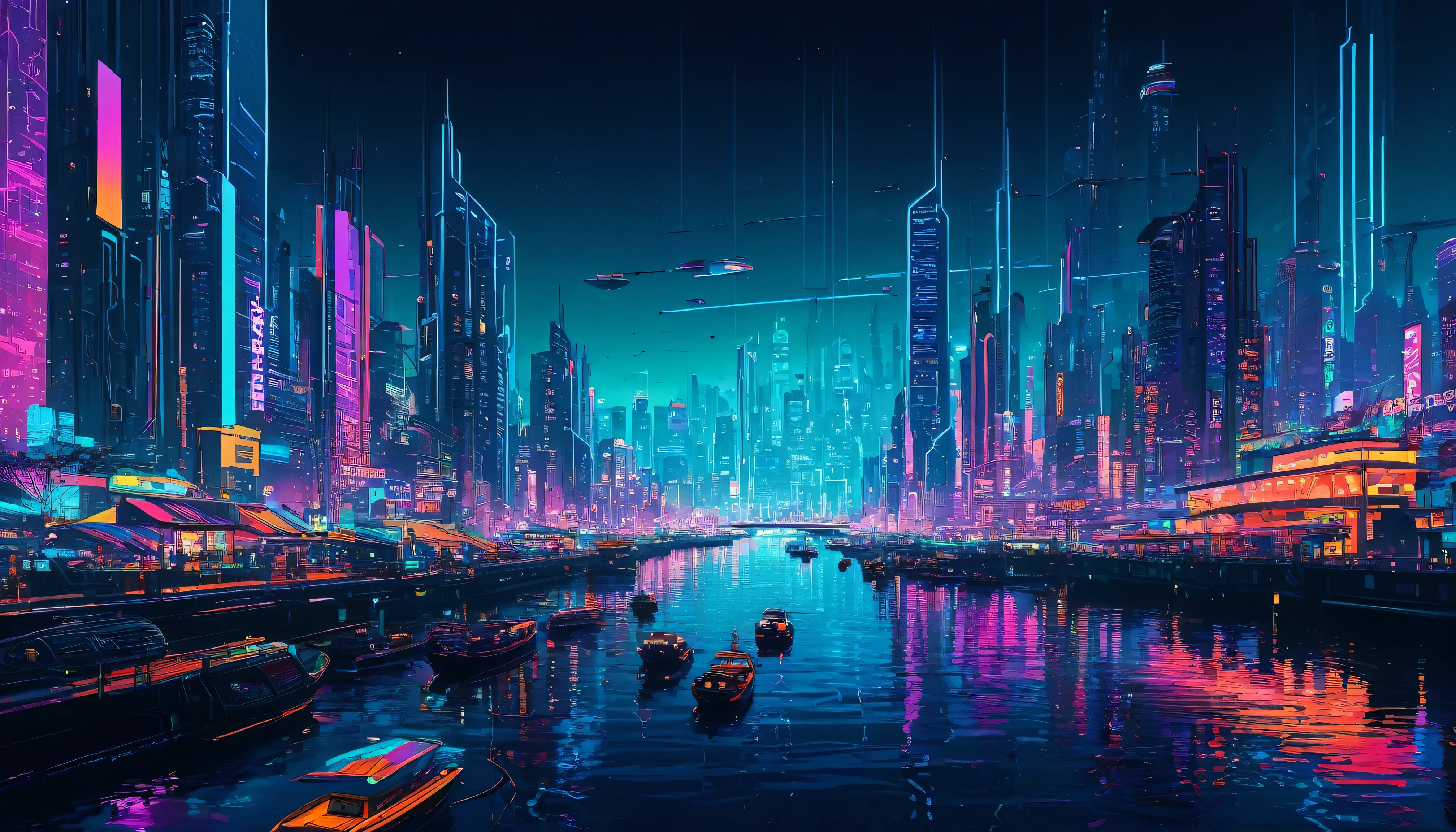 Painting of a city skyline with a river and boats on the water, colorful city, Vibrant city lights, Beautiful Art UHD 4K, Just a joke, Kilian Eng: Vivid Colors, Kilian Eng: Vivid Colors, city of pristine colors, Beeple Color, Cyberpunk Vibrant Colors, Colorful glow, Beautiful cityscape, Night cityscape, Neon City, Dreamy and colorful cyberpunk colors