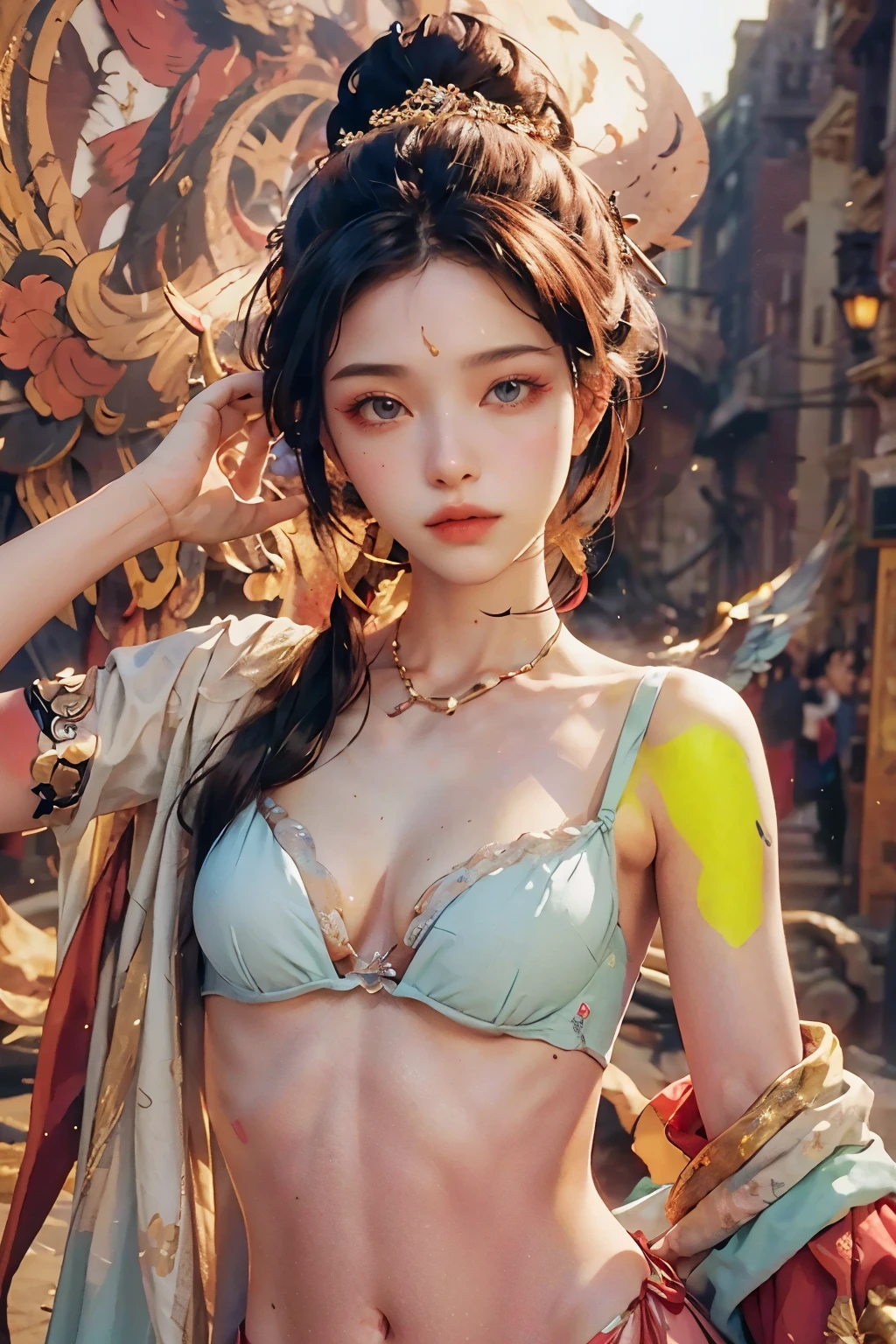 (RAW Photo, Best Quality), (Realistic, Photo Realistic: 1.3), Best Quality, Highly Detailed, Masterpiece, Hyperdetail, Illustration, 1 Girl, upper_body, Dynamic Angle, World Masterpiece Theater, messy_long_hair, Best Quality, Extremely Detailed CG Unified 8k Wallpaper, Ink, Amazing, Cinematic Lighting, lens_flare, Chu Chu Touching,The shoulders have exposed skin,The belly button is exposed,A beautiful woman,A pensive, lost in thought,Make eye contact with the other person,Thin body type,Small Bust,Small breasts,A peerless beauty who has been recognized and proposed to by many royalty and nobles.,beautiful girl,Minors,No makeup,sobriety,No red on the face,A soft angelic smile,The costume will be in light blue tones.,The underwear is a light pink with a unique design.、Primary Color Beauty,Strong-willed eyes,Her bra is so loose because of her tiny breasts,Costumes use a lot of primary colors,A sharp perspective,There is power in your eyes,Her chest is transparent and her skin is visible,I can see the nipples,