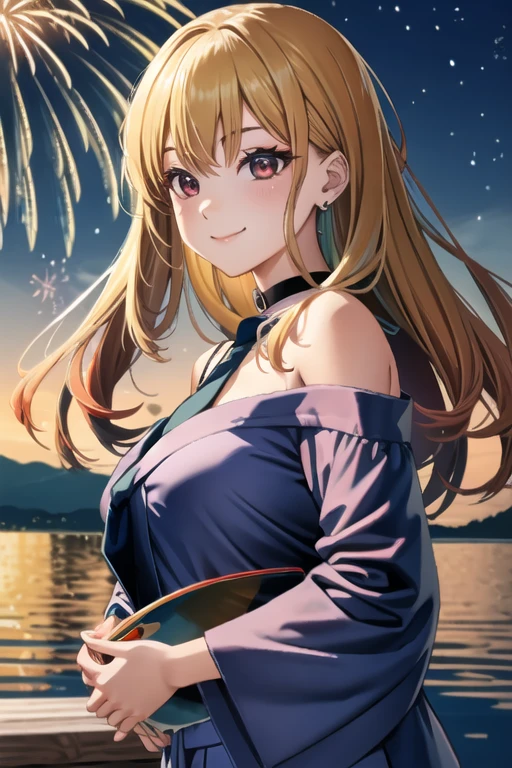 masterpiece, best quality, ultra detailed, highres, extremely detailed CG unity 8k wallpaper, perfect lighting,  very detailed background, beautiful and aesthetic,sharp focus, perfect face, dynamic pose, dynamic angle,
1girl, upper body, (portrait:1.1), multicolored yukata, kanzashi, looking at viewer,  full-face blush, from side, from below, smile,
night, dark sky, misty lake, mountainous horizon, break,aerial fireworks,  (Full of sky fireworks:1.2),
Shoulder Bare、Off the shoulder、(Holding a goldfish from a goldfish scooping game:1.2)、kitagawa marin, 1girl, blonde hair, long hair, multicolored hair, red eyes, jewelry, earrings, piercing,  black choker, blue necktie, 