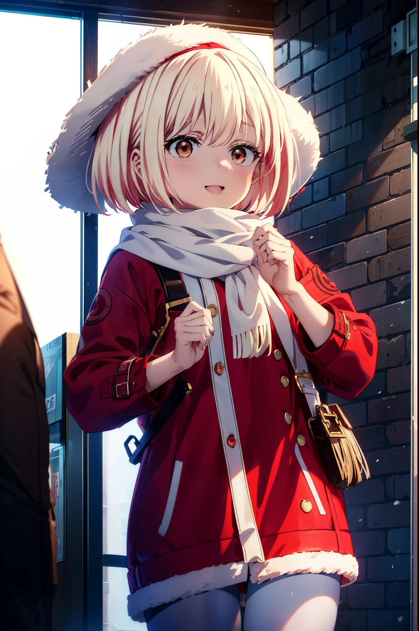chisatonishikigi, nishikigi chisato,Short Hair , bangs, blonde,Bobcut (Red eyes:1.5),happy smile, smile, Open your mouth,Red oversized coat,White knit hat,White scarf,White Sweater,Shorts,White pantyhose,sneakers,Shirogane World,Snow is piling up,it's snowing,it's snowing,winter,Cold Sky,morning,morning陽,The sun is rising,
break looking at viewer, whole body, Upper Body,(Cowboy Shot:1. 5)
break outdoors, In town,Building district,
break (masterpiece:1.2), highest quality, High resolution, unity 8k wallpaper, (figure:0.8), (Beautiful fine details:1.6), Highly detailed face, Perfect lighting, Highly detailed CG, (Perfect hands, Perfect Anatomy),