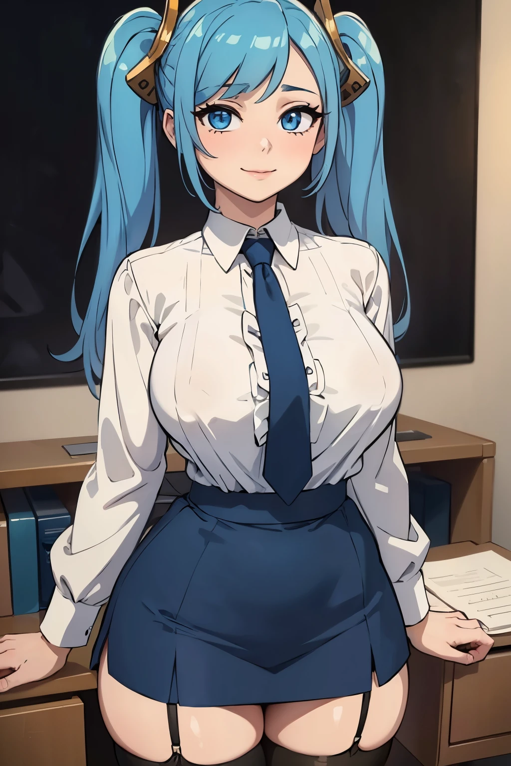 masterpiece, best quality, ultra-detailed, illustration, colorful, flat color, depth of field, 1girl, sona buvelle, anime, standing, blue hair, twintails, blue eyes, looking at viewer, at office, white shirt, blue tie, blue skirt, pencil skirt, thighhighs, garter straps, skindentation, detailed skin texture, detailed cloth texture, beautiful detailed face, seductive smile,  large breasts