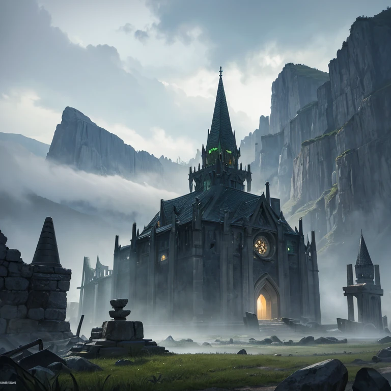 Image in the style of Magic:The Gathering artworks, lone stone viking structure in the middle of medieval village, cracked stones,, a lot of grey smoke, mist, fog, mystery, green dark forest in the distance, ultra high resolution