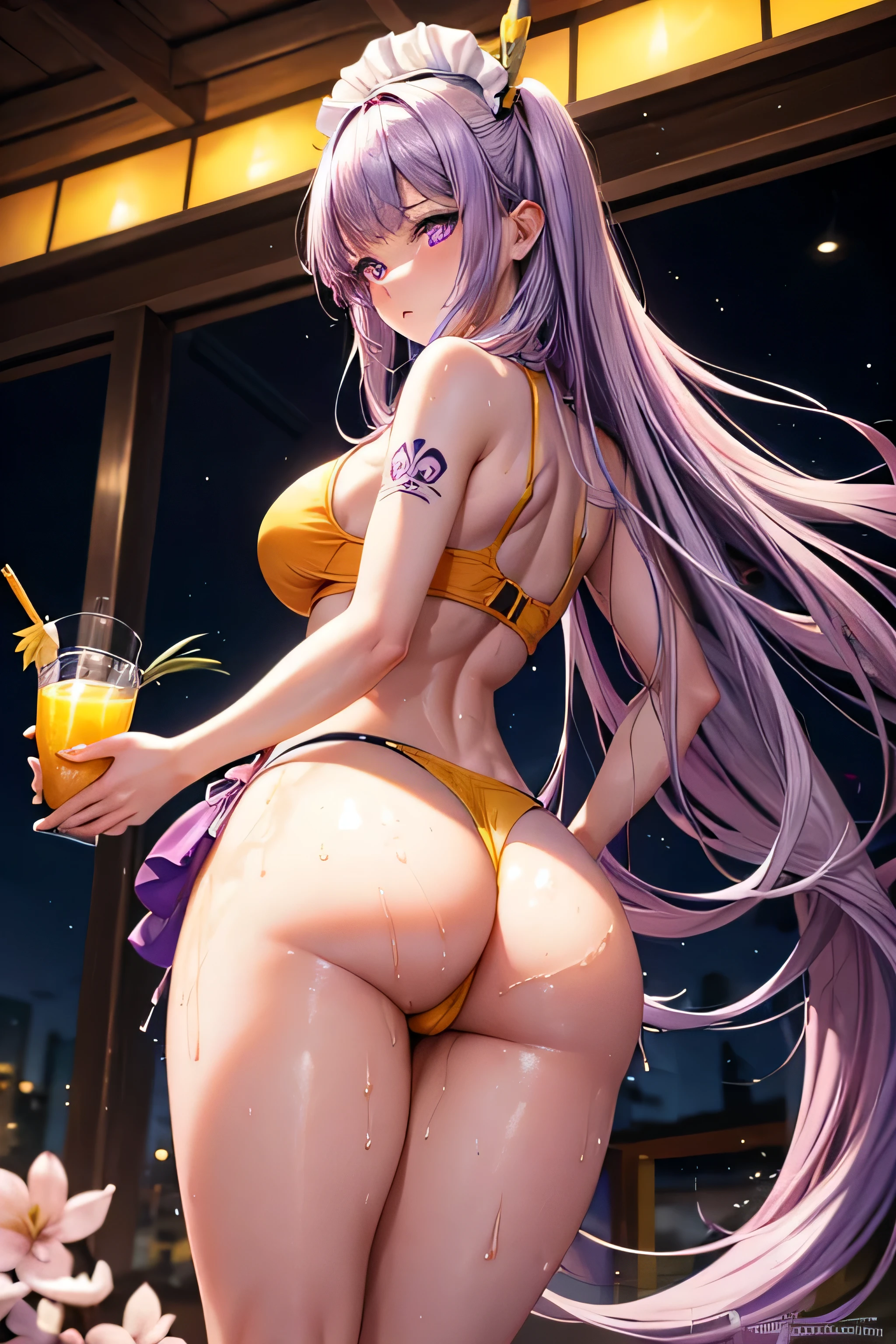 High resolution, high quality, One girl, Anime Girls, Light purple long hair, blunt bangs, Light purple eyes,heart shaped pupils,[[pale skin]],Glowing Skin, Large Breasts,beautiful breasts,pointy breasts,long nipples,(Big Ass),beautiful ass,ahegao,sweat,wet,Tank Top,red highleg waitress,lower body,open legs,Groin tattoo,glowing tattoo,at cafe,cherryblossom,(Banana juice),(lemon juice),(orange juice),(Pineapple juice),(Mango juice),(water),