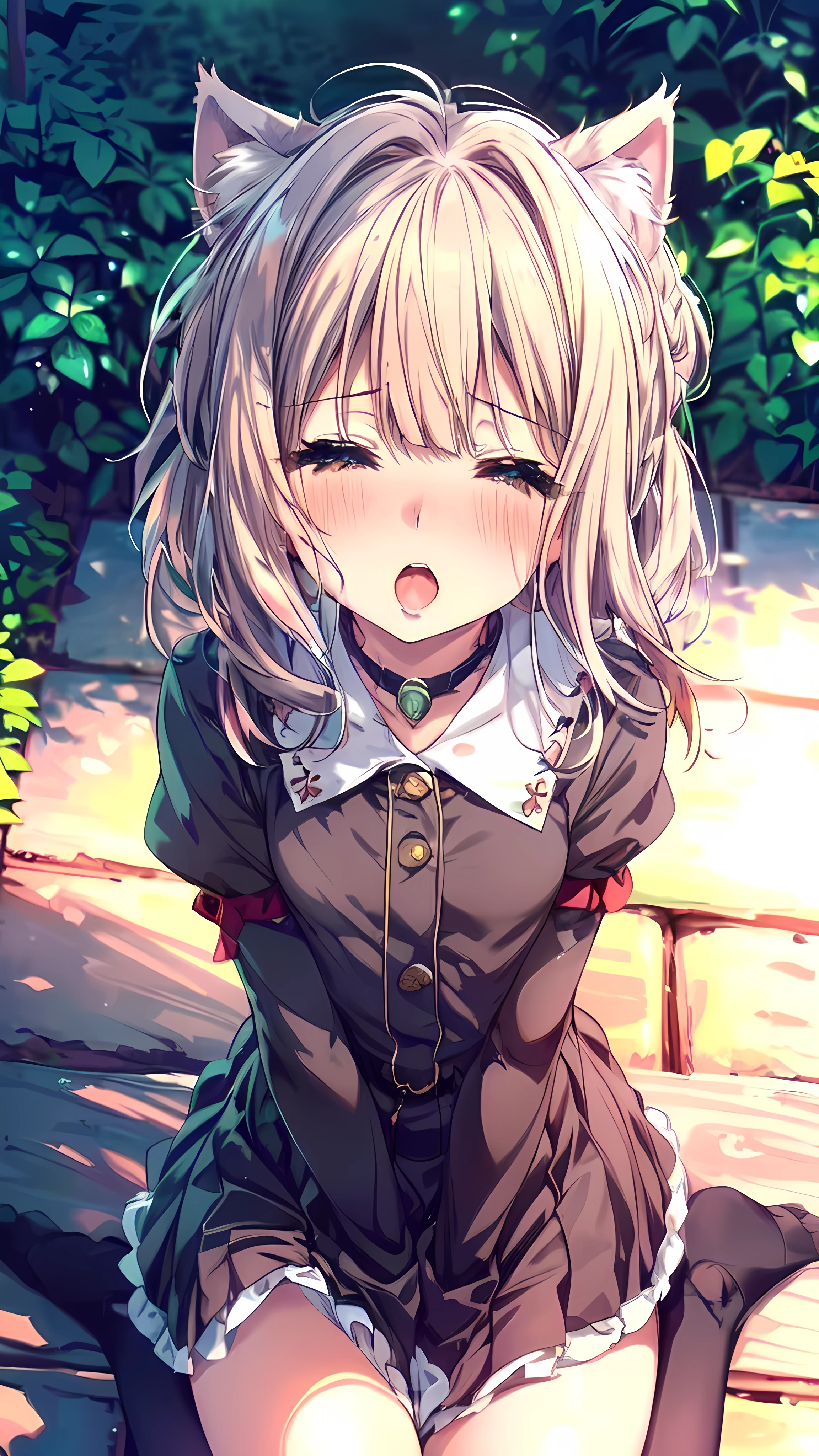 (Ultra-high resolution of the highest quality, masutepiece, Best Quality, 8K, Super Detail, Best Quality:1.3), (1 girl:2), (smallbody:2), (tiny body:2), (Loli:2), (flat chest:1.1), (petite body:2), (small build:2), (slender body:1.1), (drooping eyes:1.2), (blush cheek:1.4), front view, beautiful hair, beautiful face, beautiful eyes, beautiful body, beautiful hands, (clothes:1.4), (orgasm:1.5), (drunkard:1.7), (half closed eyes:1.3), (face focus:1.6), (from above:1.6), looking up, open mouth, (long tongue:1.1), (slobber:1.1), outdoor, park, (kneeling), (face shot:1.6), (cat ear:1.2)