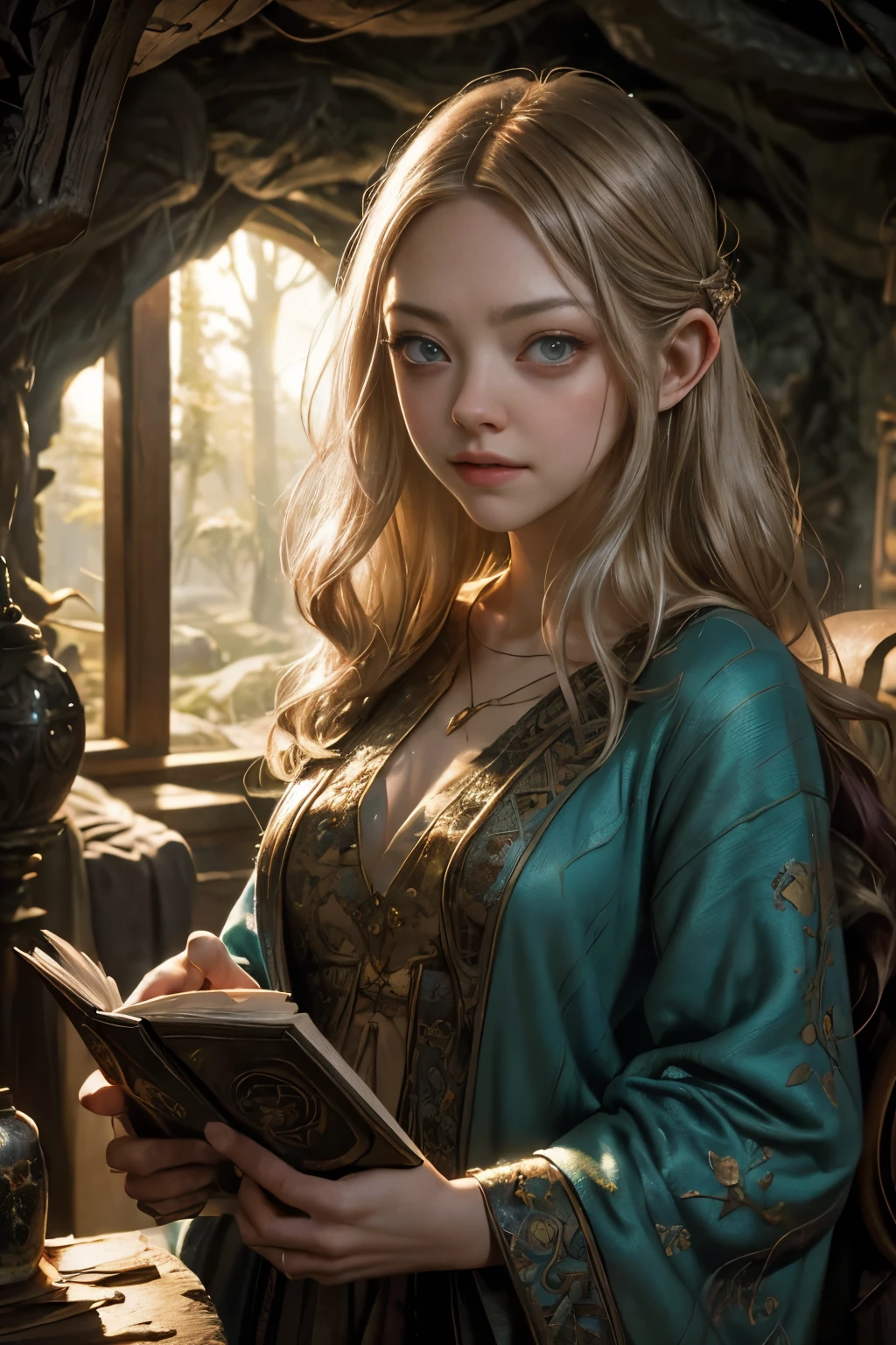 brunette hair, "Oil painting, dreamy girl ((Amanda Seyfried)), reading ancient books, warm light ((inside a mystical hobbit cave)), magical atmosphere, whimsical clock, enchanting, cozy, detailed" High detail RAW colored art, young, smile, cyan eyes, white pale skin, , portrait, hobbit ears, (shy), mystical, elegant, gorgeous face, hobbit clothes, (detailed skin, skin texture), hobbit, magical atmosphere, (muscle), (detailed skin, skin texture), intricate details, fine details, hyperdetailed, ray tracing, subsurface scattering, diffuse soft lighting, shallow depth of field, by (Oliver Wetter) Atey Ghailan, by Jeremy Mann, Greg Manchess, Antonio Moro, trend at ArtStation, trend at CGSociety, Intricate, High Detail, Sharp focus, dramatic and photorealistic painting art by midjourney and greg rutkowski, bokeh in the background,
