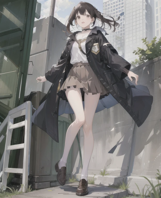 16 years old,outdoor,coat,Super short pleated skirt,Long brown hair,Thin legs,whole body,HD