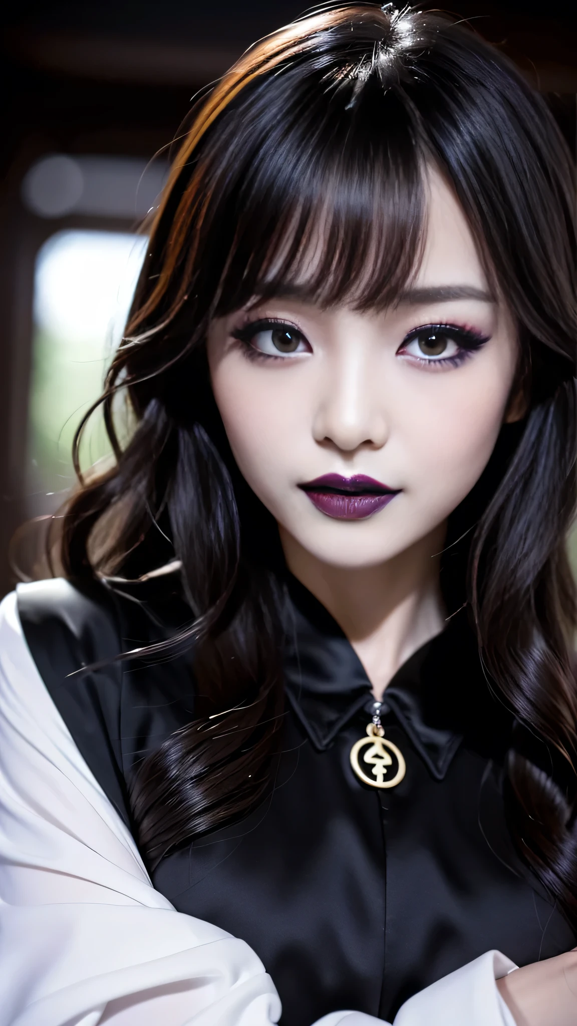 One woman、best quality、ultra-detailed、4k、Japanese、Seductive beauty、seductive adult woman、Pretty Woman、cool girl、Villainess、Brainwash、Fallen into evil、smirk、Evil look、Wicked Smile、evil、Brown hair、wavy hair、swept bangs、dark makeup、dark makeup、piercing eyes、hollow eyes,half-closed eyes、Hollow Eyes、Purple Eyeshadow、black lipstick、black lipglos、Long Black Cheongsam、Wide sleeves、night、inside darkroom、Has a switch、Emblem of Evil、Crest of Darkness、Swear allegiance、I have pledged my allegiance、Dye black、Blackening、Stained with evil、Dyed in darkness、