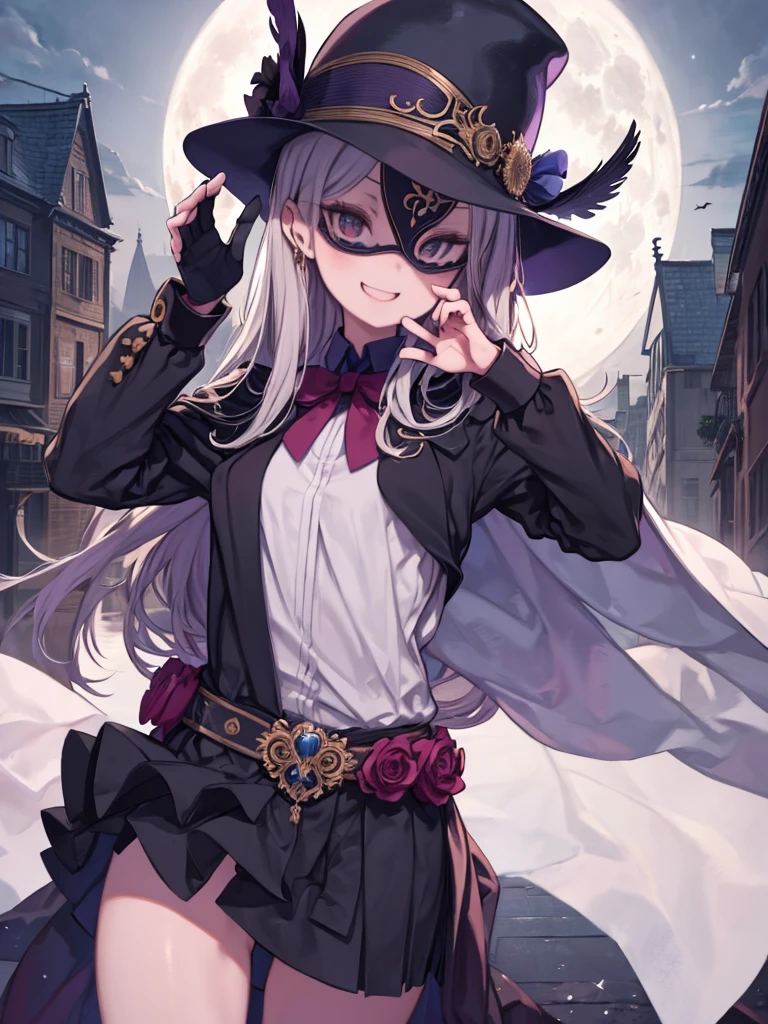 masterpiece、highest quality、High resolution、Very detailed、Medium wide shot、Girl、Wearing a masquerade mask、tuxedo、Cape、silk hat、laughing、Rooftop、Thief、full moon、cool、pose、