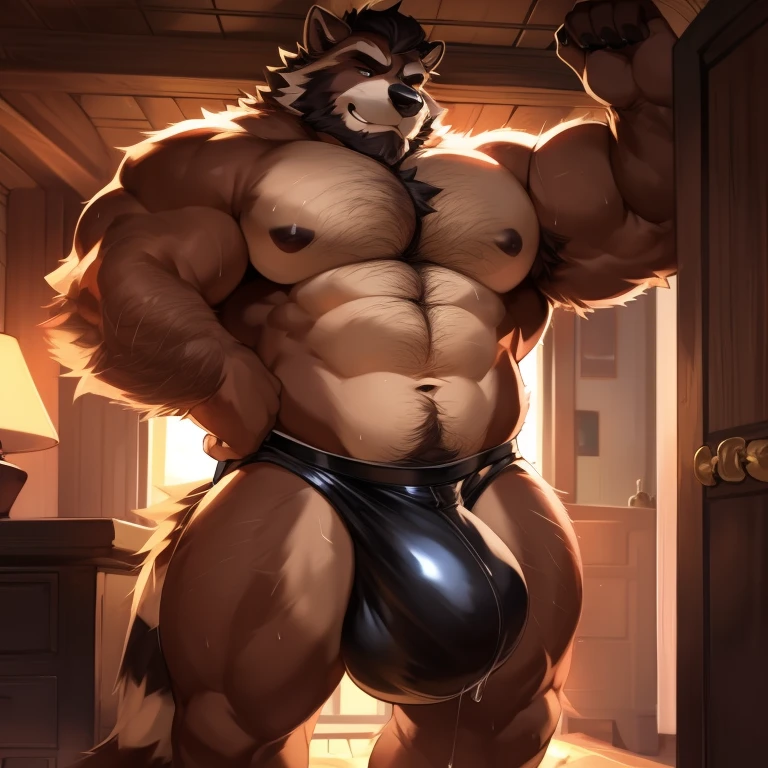 Muscular, dark raccoon, handsome, mega bulge, big biceps, hairy body, hairy armpits, hairy chest, big biceps, big thighs, huge pecs, hard abs, hot, sweaty, mega muscles, por darkgem, por mystikfox61, por el chico trampa brillante, curly hair, outgrowing room, hyper long bulge,  bearded, outgrowing room, precum in bulge, leather underwear, old adult, exaggerated inmense bulge, hyper bulge, huge bulge