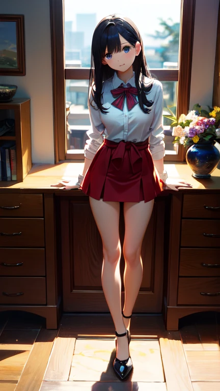 masterpiece, highest quality, One Girl, Thighs, beautiful girl, Flowers, たくさんの小さなflowerびら, flower、Small waist, RAWphotograph,Bright lighting、Face Light, Ultra-realistic, High resolution, photograph, Sharp focus, Highly detailed eyes and face,Symmetrical face, whole body、Large Breasts、Long Hair、チラリと見えるThighs、Deep Valley、Beautiful valley、Red mini skirt、White high heels、Lightweight cardigan、Lakeside