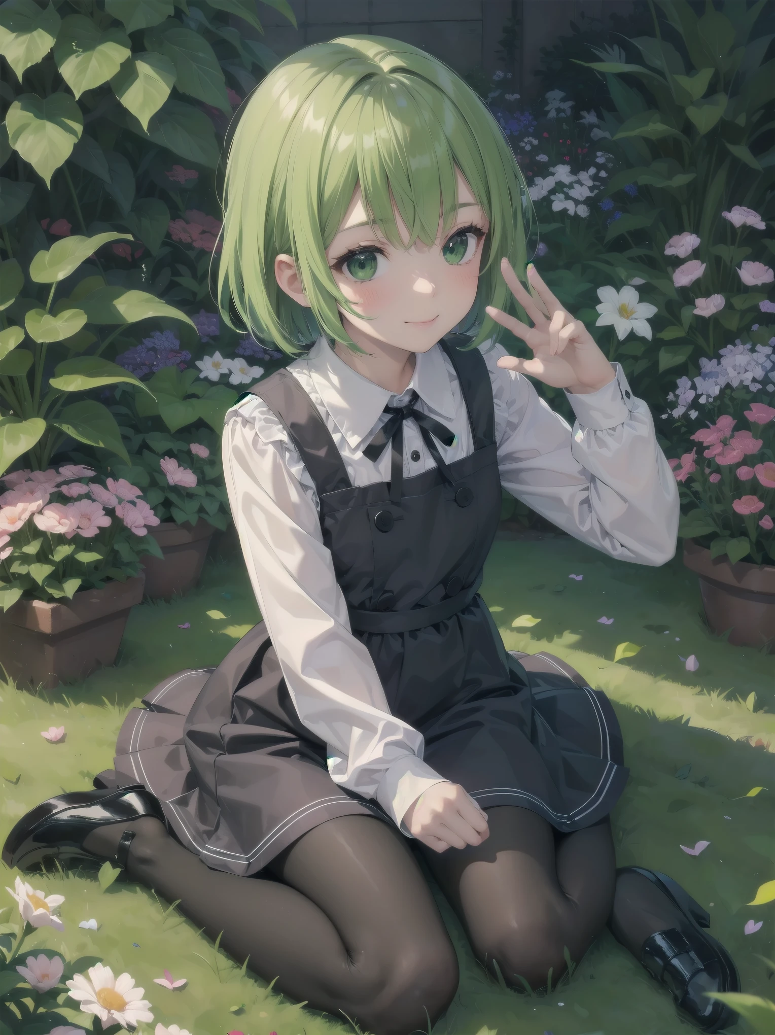 (Illustration: 1.0), Masterpiece, Top Quality,
1 girl, green hair, green eyes, short hair, bangs,
dress, black shoes, long sleeves, shirt, white shirt, pinafore dress, ribbon, black ribbon, black dress, pantyhose, neck ribbon, shoes,
Countryside, Garden, Twilight, Profile, (Wariza:1.6), (Illustration: 1.0), Masterpiece, Top Quality, Dutch Angle,
1 girl, smiling, blush (close-up of face: 1.4), from above, acting mocking gesture to viewer