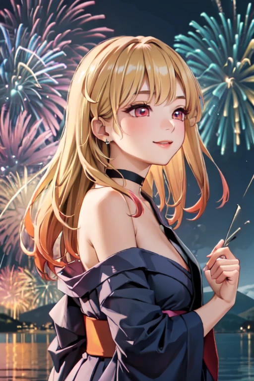 masterpiece, best quality, ultra detailed, highres, extremely detailed CG unity 8k wallpaper, perfect lighting,  very detailed background, beautiful and aesthetic,sharp focus, perfect face, dynamic pose, dynamic angle,
1girl, upper body, (portrait:1.1), multicolored yukata, kanzashi, looking at viewer,  full-face blush, from side, from below, smile,
night, dark sky, misty lake, mountainous horizon, break,aerial fireworks,  (Full of sky fireworks:1.2),
Shoulder Bare、Off the shoulder、(Holding a handheld firework:1.2)、kitagawa marin, 1girl, blonde hair, long hair, multicolored hair, red eyes, jewelry, earrings, piercing,  black choker, blue necktie, 