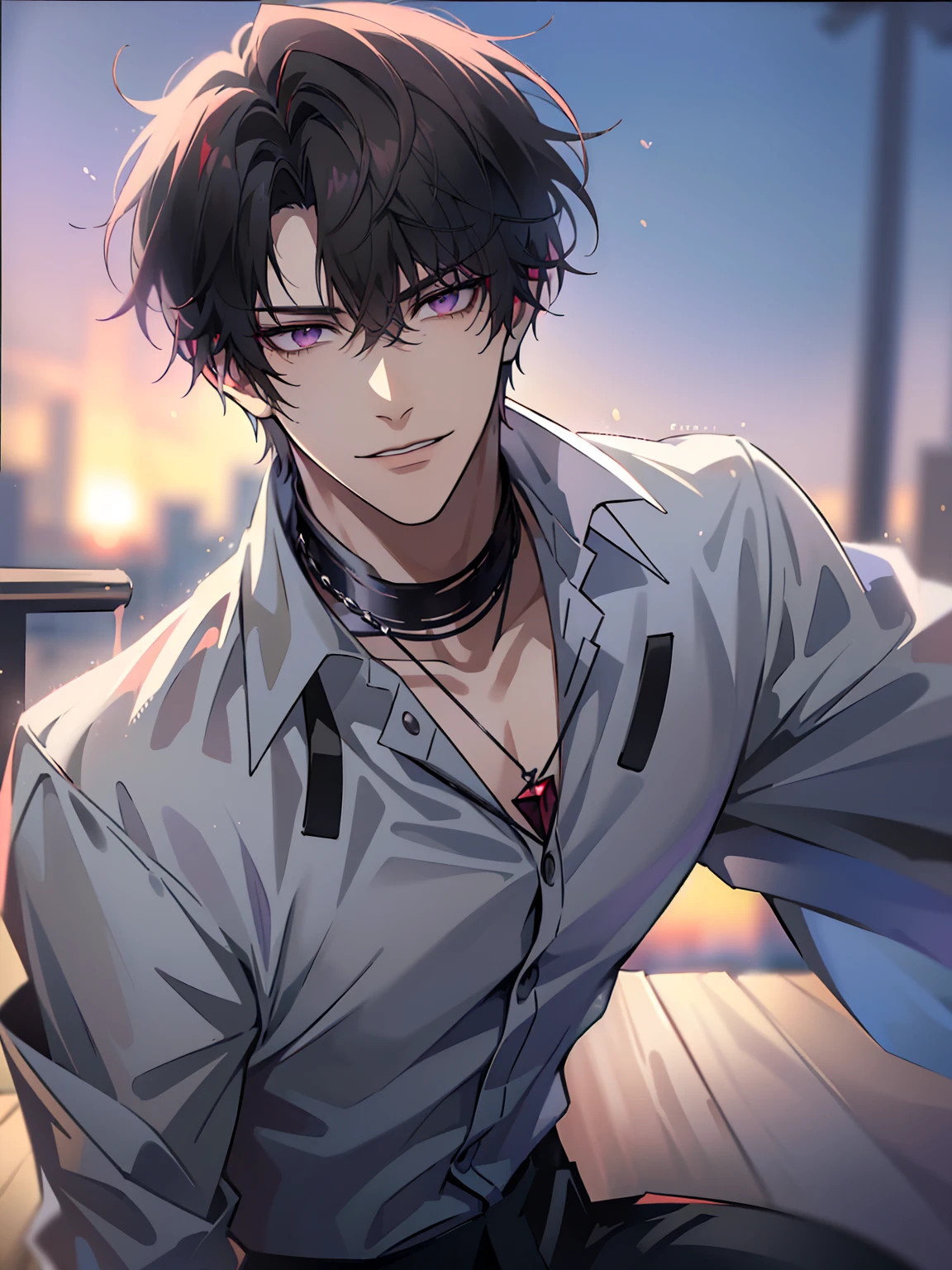 (masterpiece, 4k, high quality:1.3), 1boy, solo, short hair, black hair, asymmetrical fringe, purple eyes, handsome, sharp eyes, (mature male, mature:1.2), male focus, fashionable, tucked in shirt, open maroon collared shirt, light brown chino pants, red and gray cardigan, necklace, sunset, evening, close up, smile, smart