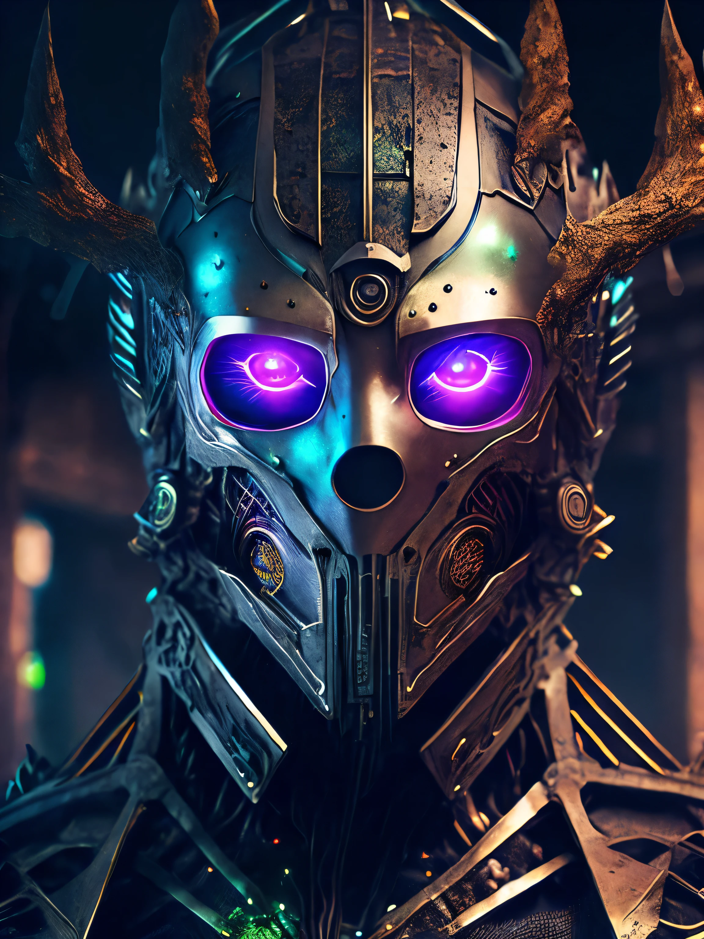 breathtaking cinematic science fiction photo of a half body portrait of a non human masked Grim dressed as a tree in metal skin, body full glowing metrics inside, glowing multicoloured eyes, multifaceted eyes, metallic arms, inside a destroyed building, extremely menacing creature, highly detailed, award-winning