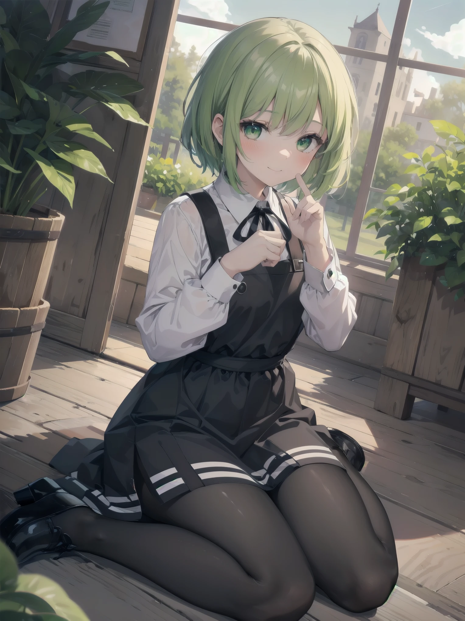 (Illustration: 1.0), Masterpiece, Top Quality,
1 girl, green hair, green eyes, short hair, bangs,
dress, black shoes, long sleeves, shirt, white shirt, pinafore dress, ribbon, black ribbon, black dress, pantyhose, neck ribbon, shoes,
Countryside, Garden, Twilight, Profile, (Wariza:1.6), (Illustration: 1.0), Masterpiece, Top Quality, Dutch Angle,
1 girl, smiling, blush (close-up of face: 1.4), from above, acting mocking gesture to viewer