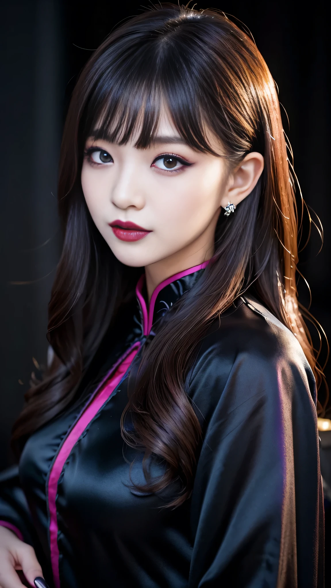 One woman、best quality、ultra-detailed、4k、Japanese、Seductive beauty、seductive adult woman、Pretty Woman、cool girl、Villainess、Brainwash、Fallen into evil、smirk、Evil look、Wicked Smile、evil、Brown hair、wavy hair、swept bangs、dark makeup、dark makeup、piercing eyes、hollow eyes,half-closed eyes、Hollow Eyes、Purple Eyeshadow、black lipstick、black lipglos、Long Black Cheongsam、Wide sleeves、night、inside darkroom、Has a switch、Emblem of Evil、Crest of Darkness、Swear allegiance、I have pledged my allegiance、Dye black、Blackening、Stained with evil、Dyed in darkness、