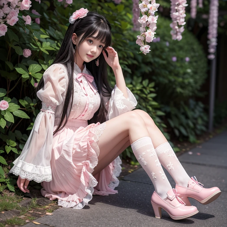 best quality, masterpiece, lifelike, 1 girl, Solitary, eternity, Black Hair, Long curly hair, Bangs, Smile, Pink skirt, Pink loli dress, layered skirt, Lolita style long skirt,分層連衣裙 Lace-trimmed 裙子, decorate, Lace, Long sleeve, Puff sleeves, Wide sleeves, Transparent sleeves, Hair accessories, 在flower园里, flower, Detailed background,  Delicate face，pink blush，White，Knee socks, Pink shoes，cold，Lots of Lace，((​masterpiece))、(top quality)、8k、High Detail、Ultra Detailed、 21 years old female，穿着Pink loli dress((Dreamy atmosphere:1.1))、Seductive and whimsical style、​masterpiece、born、Scenes resembling fairy tale illustrations、Intricate details showcase the ruffles and intricate designs of the Lolita dress、fine、magic、capricious、 fine、Dreamy aesthetics、「art itself、ethereal、charming、fickle、magic」、realism、Visual effects、FXAA、SSAO、shader、voiceless、Ambient Lighting、Tone Mapping、high resolution、Ultra HD、Million pixels、(8k resolution:1.10)、8k、Below 8k、8k resolution、High Detail、Intricate details、她的脸上Expose惊讶和敬畏的表情、 (high quality:1.2、​masterpiece:1.2、:1.21)、(21 years old female:1.21)、(興奮地Smile)、(Surrounded by the Dreamy atmosphere of an amusement par色洛丽塔连衣裙、Her eyes were full of surprise and joy、I took a lot of geek photos、、High heel、Model Diagram，full-body shot，Knee-high White Lace socks,Sweet Lolita，Normal 2 feet，Pink shoes，Baotou shoes，full-body shot，baby star dress，have，不要Expose你的手指，cold，Emphasize the volume of the skirt，Expose，huge ，White underwear,The skirt flew up