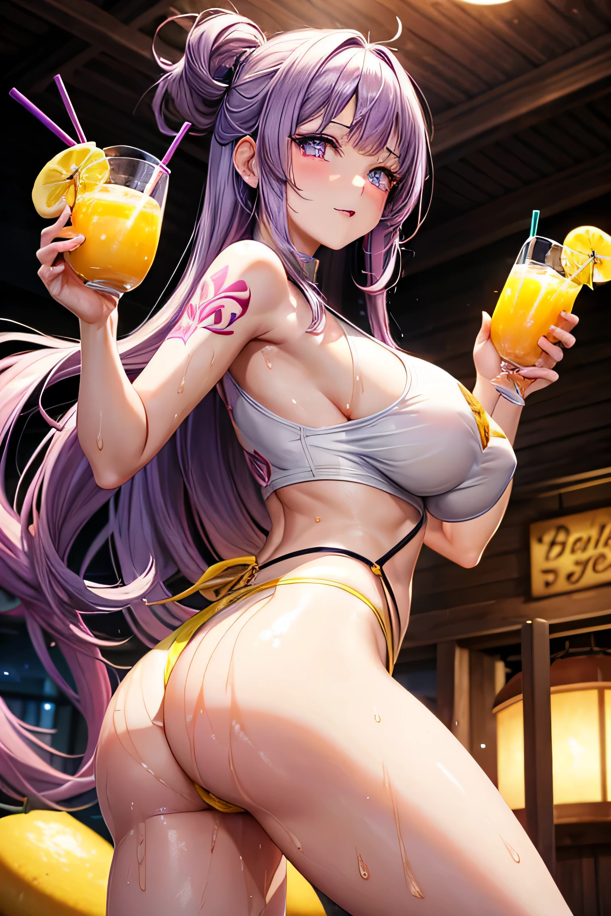 High resolution, high quality, One girl, Anime Girls, Light purple long hair, blunt bangs, Light purple eyes,heart shaped pupils,[[pale skin]],Glowing Skin, Large Breasts,beautiful breasts,pointy breasts,(Big Ass),beautiful ass,ahegao,sweat,wet,Tank Top,red highleg waitress,lower body,open legs,Groin tattoo,glowing tattoo,at cafe,cherryblossom,(Banana juice),(lemon juice),(orange juice),(Pineapple juice),(Mango juice),(water),