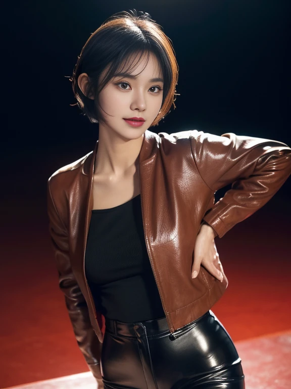 Black Hair, Long eyelashes, Round eyes, light smile, Brown Hair, short hair, Bobcut, Eyes Wide Open, Surrealism, Cast a Shadow, Anaglyph, Stereogram, tachi-e, throw, Atmospheric perspective, Cinema Lighting, 8k, Super Detail, Accurate, highest quality, Textured skin, highest quality, Anatomically correct, masterpiece masterpiece,highest quality, (One mature woman、38 years old), ((close:0.5)), Glare, (wool jacket) , (Genuine Leather Pants)、 White shirt, double eyelid, Lip gloss, (smile:1), ((close your eyes:0.85)), ((Looking at the audience))、(The whole body is projected)、((Are standing)), to be born, (From above:0.2), ((no one)), (office)、Depth of written border、(short hair of reddish-brown color wet and shiny,),Red Mouth,clavicle、Full body portrait、Digital Illustration, (Photorealistic:1.3),(RAW Photos.)
