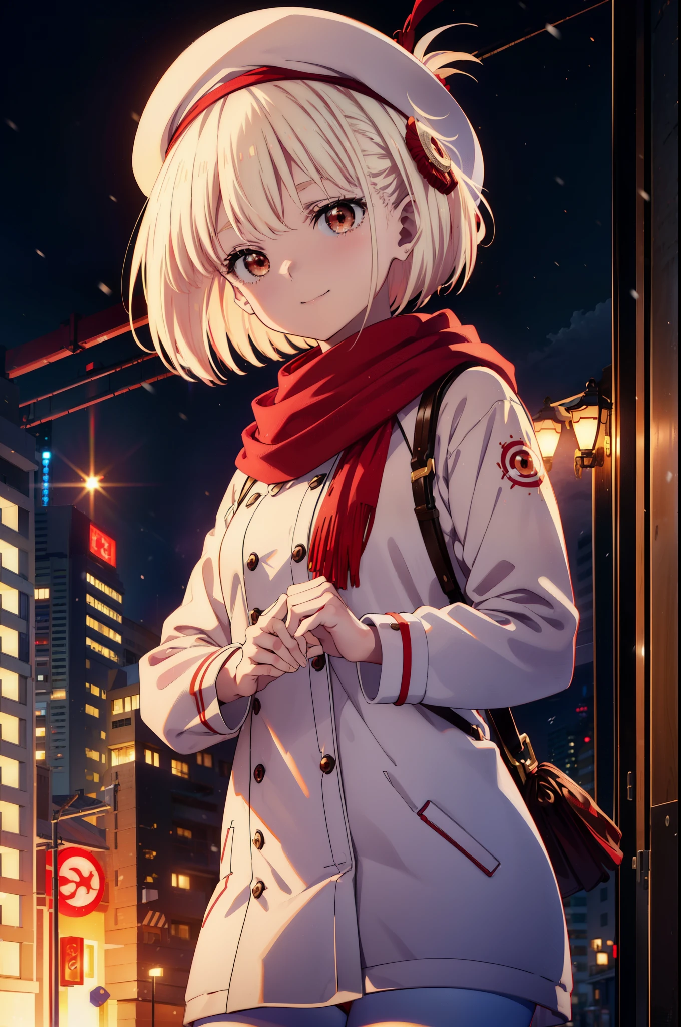 chisatonishikigi, nishikigi chisato,Short Hair , bangs, blonde,Bobcut (Red eyes:1.5),happy smile, smile, Open your mouth,Red oversized coat,White knit hat,White scarf,White Sweater,Shorts,White pantyhose,sneakers,Shirogane World,Snow is piling up,it's snowing,it's snowing,winter,Cold Sky,morning,morning陽,The sun is rising,
break looking at viewer, whole body, Upper Body,(Cowboy Shot:1. 5)
break outdoors, In town,Building district,
break (masterpiece:1.2), highest quality, High resolution, unity 8k wallpaper, (figure:0.8), (Beautiful fine details:1.6), Highly detailed face, Perfect lighting, Highly detailed CG, (Perfect hands, Perfect Anatomy),
