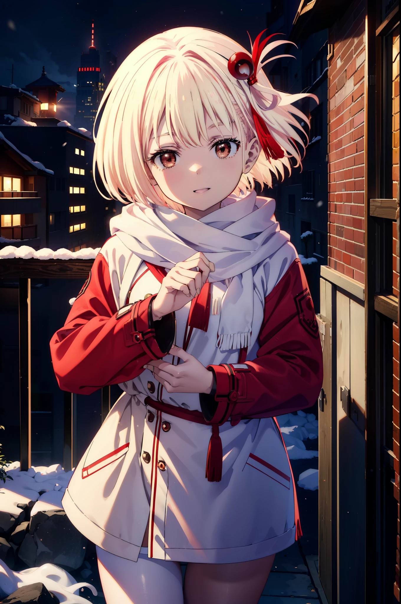 chisatonishikigi, nishikigi chisato,Short Hair , bangs, blonde,Bobcut (Red eyes:1.5),happy smile, smile, Open your mouth,Red oversized coat,White knit hat,White scarf,White Sweater,Shorts,White pantyhose,sneakers,Shirogane World,Snow is piling up,it's snowing,it's snowing,winter,Cold Sky,morning,morning陽,The sun is rising,
break looking at viewer, whole body, Upper Body,(Cowboy Shot:1. 5)
break outdoors, In town,Building district,
break (masterpiece:1.2), highest quality, High resolution, unity 8k wallpaper, (figure:0.8), (Beautiful fine details:1.6), Highly detailed face, Perfect lighting, Highly detailed CG, (Perfect hands, Perfect Anatomy),