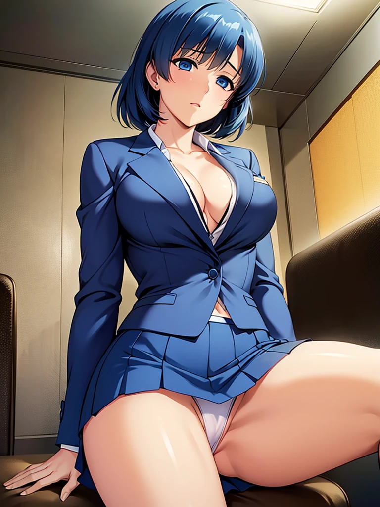 (masterpiece:1.4, highest quality), (Realistic, photoRealistic:1.4), Beautiful illustrations, (Natural Side Lighting, Cinema Lighting), avert your eyes, (whole body), 1 girl, 40 years old, ((Mature Woman:1.4)), Beautiful Face, Perfect Anatomy, Symmetrical cute face, Shiny skin, Blunt bangs, Beautiful Hair, Beautiful Face, Beautiful clavicle, Beautiful body, Beautiful breasts, Beautiful thighs, Beautiful legs, Beautiful fingers, (((suit, Navy Blazer:1.4, White collared blouse:1.4, navy pencil mini skirt:1.4), pantyhose, Navy high heels), (Huge TV behind), Written boundary depth, (Late Night), (conference room), ((Randomly changing pose, Spread your legs)), (Hollow Gaze, Emotional erasure, Expressionless, Hypnotic state), (Tall Woman, Slim figure, Firm breasts), ((Her blue shorts are clearly visible under her skirt)), ((hypnotism:1.4)), (Angle from below),