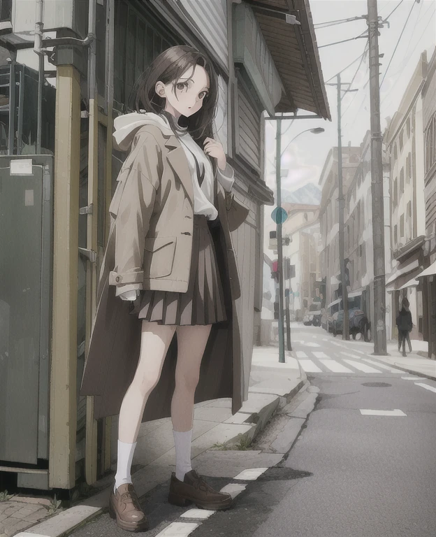 16 years old，outdoor，coat，Super short pleated skirt，Long brown hair，Thin legs，whole body，HD