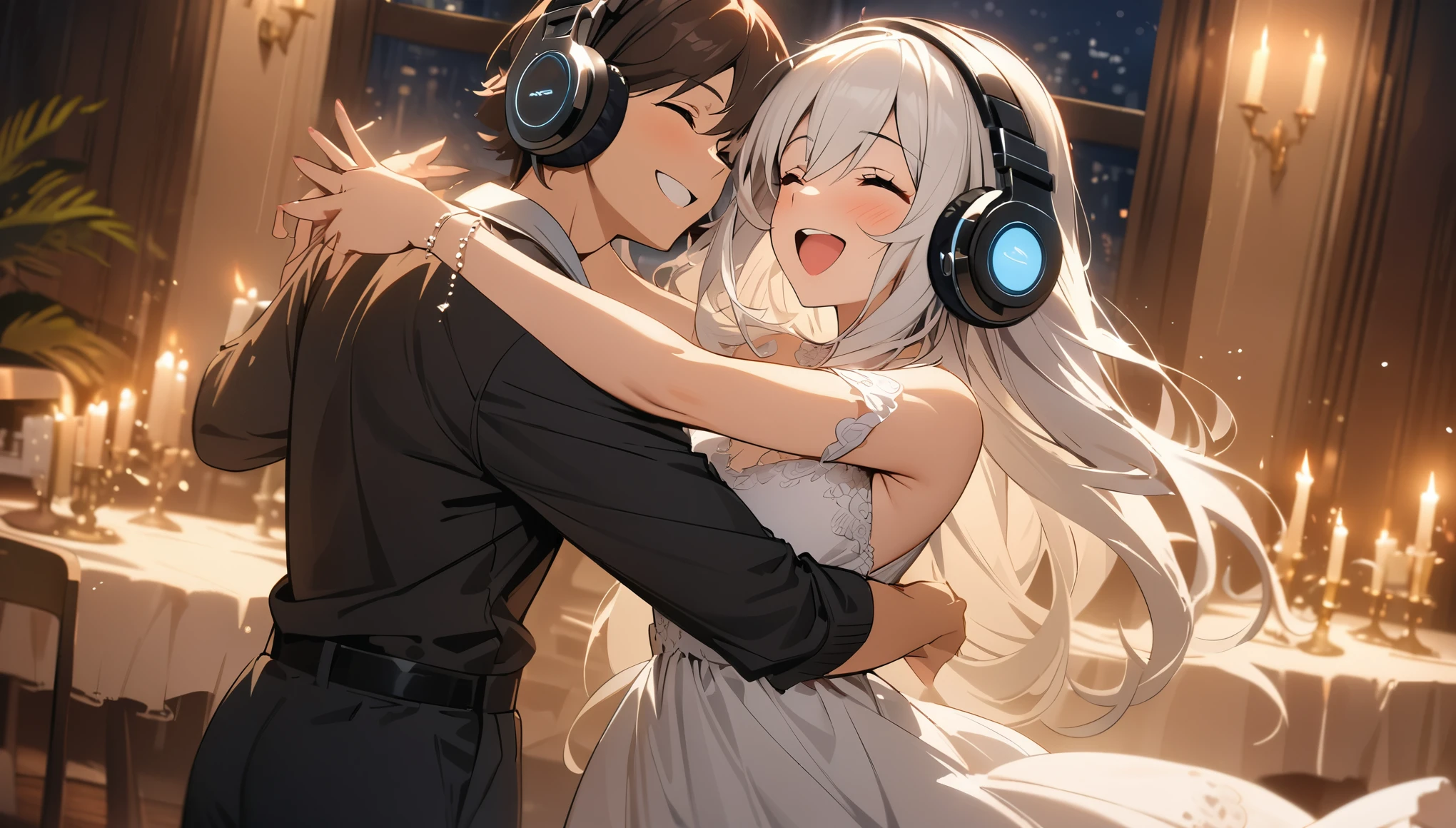 Woman, Headphones, Music, ((Dancing)), ((White Long Hair)), Dress, Romantic, ((Excited)), ((Smile)), ((Close Eyes)), Night, Room, Comfy, Candles, Masterpiece, Best Quality, 4K