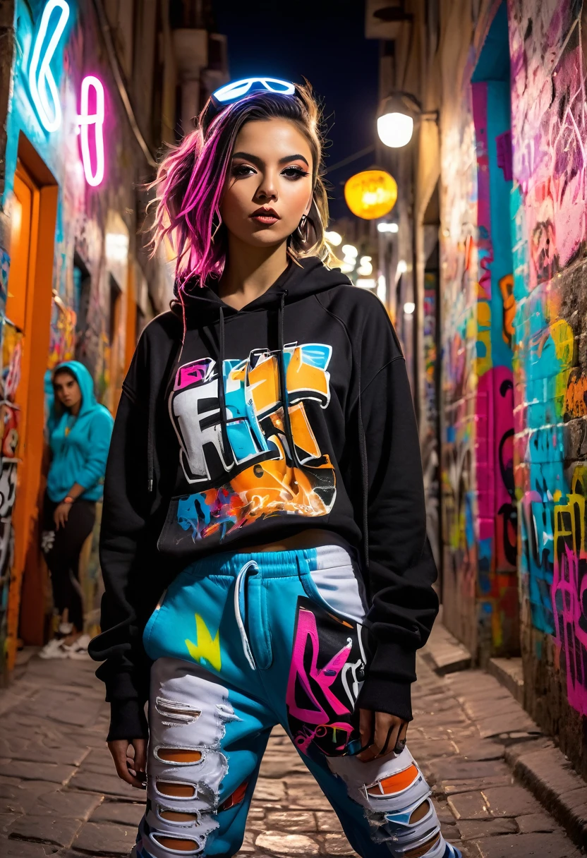 (high resolution:1.2),ultra detallado,realista,Sharp focus,vistoso,paredes cubiertas de graffiti,chica rapera artista callejera,ropa vibrante,Cantante de hip hop,cantando apasionadamente,energy efficiency,street art backdrop,urban atmosphere,escena callejera bulliciosa,ajetreo y bullicio,expresiones faciales expresivas,dynamic pose,accesorios originales,Handheld microphone,confident stage presence,attention-grabbing fashion style,unique street style,vida nocturna de la ciudad,neon lights illuminating,cultura de la moda callejera,youthful energy,multitud gritando,vibras positivas,Cultura Hip-Hop,escena musical urbana,fusion of music and art.,zapatillas con estilo,cultura del graffiti urbano,calles salpicadas de pintura,escaparate de talento urbano,vivid colors,Stunning images,alto energy efficiency,Electric atmosphere,musical expression,Estilo de vida urbano