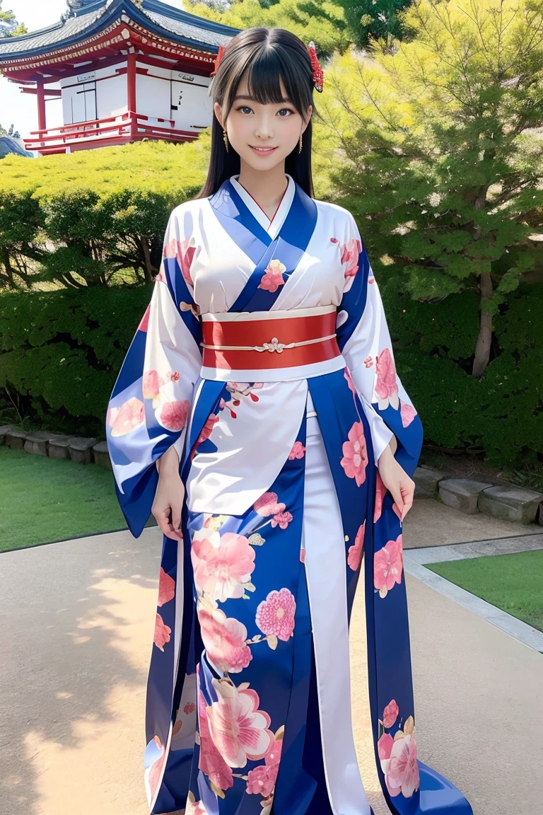 8k,Top quality,Super detailed,Masterpiece,Realistic,(((photo realistic))),Live action,Very detailed cute girl,18 years,One of a kind,Sophisticated gravure idol,Young gravure idol,Realistic young gravure idol, Young and skinny Gravure Idol, Blushed lips, Look at the viewer, ((Full Length Photo:1.7)), Cute girl in kimono, Traditional geisha costume, Long sleeved kimono worn by unmarried women, Wearing imperial kimono, Royal costume Akira, From the Warring States period, Traditional Japanese kimono, Inspired by Uemura Matsuen, Palace like, Sesshoumaru etc. Inspired by, Heian, Sky blue kimono, clean long black hair:1.7, beautiful face:1.3, perfect proportion:1.2, mega breasts:1.3, flawless skin, very pretty smile:1.3, fine features:1.7, sexy expression, frontal view:0.7, bare hands, symmetrical eyes, face lit up,((Full Length Photo:1.7)),Low Angle:1.7,Japanese Garden,Soft Spring Sunlight,