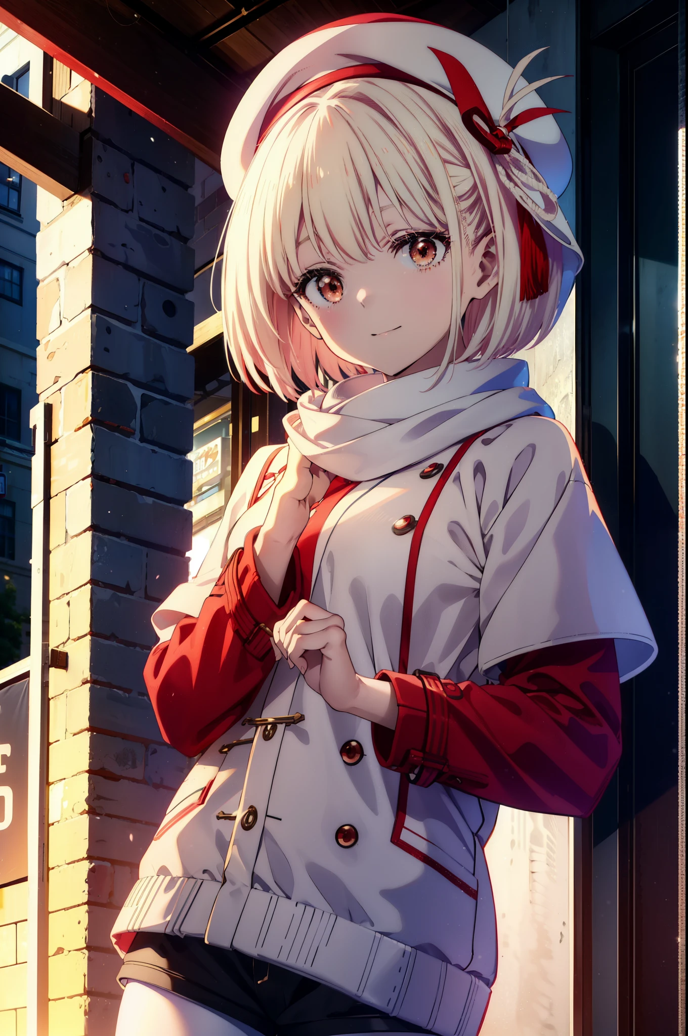 chisatonishikigi, nishikigi chisato,Short Hair , bangs, blonde,Bobcut (Red eyes:1.5),happy smile, smile, Open your mouth,Red oversized coat,White knit hat,White scarf,White Sweater,Shorts,White pantyhose,sneakers,Shirogane World,Snow is piling up,it&#39;s snowing,it&#39;s snowing,winter,Cold Sky,morning,morning陽,The sun is rising,
break looking at viewer, whole body, Upper Body,(Cowboy Shot:1. 5)
break outdoors, In town,Building district,
break (masterpiece:1.2), highest quality, High resolution, unity 8k wallpaper, (figure:0.8), (Beautiful fine details:1.6), Highly detailed face, Perfect lighting, Highly detailed CG, (Perfect hands, Perfect Anatomy),