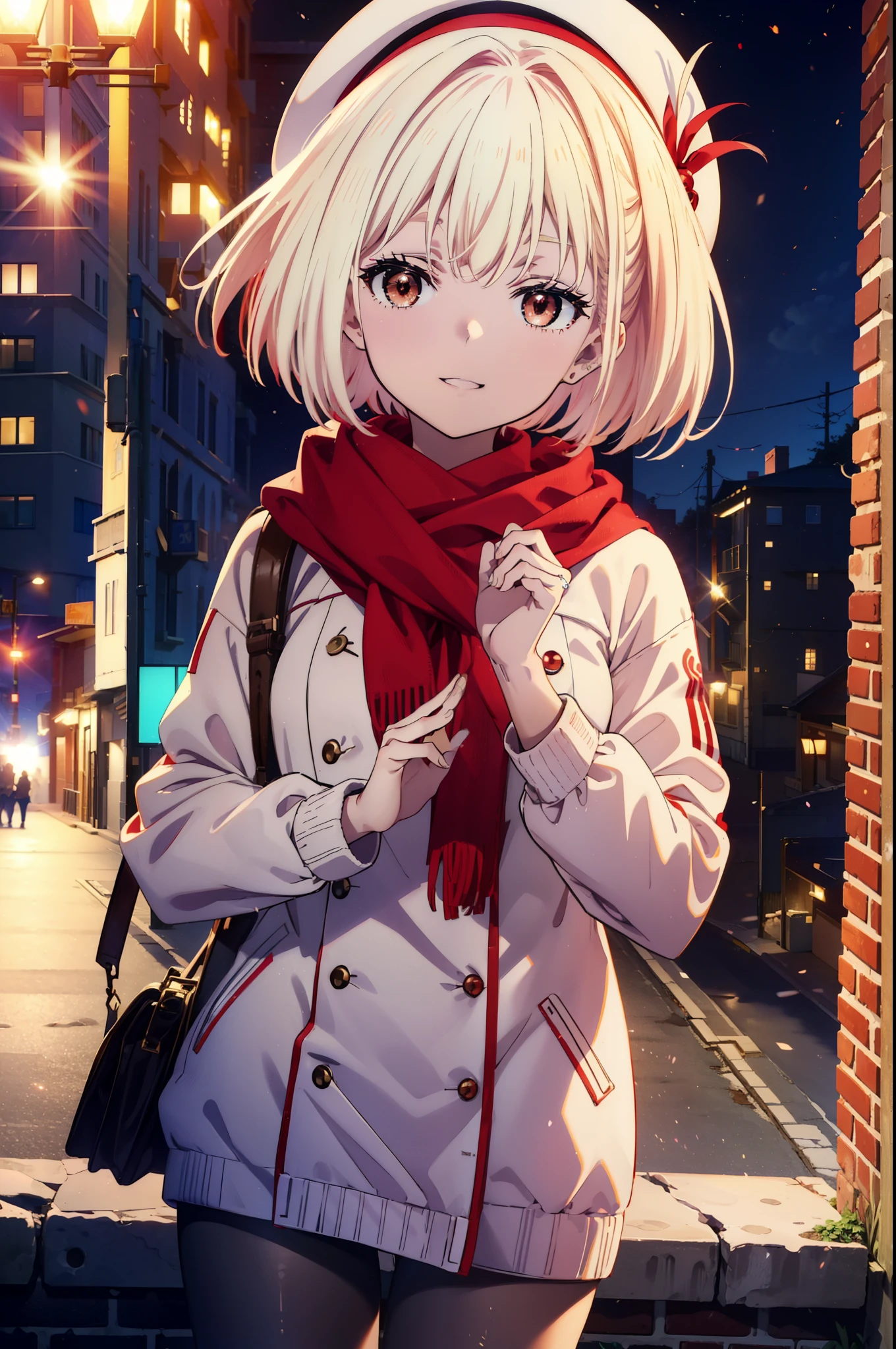 chisatonishikigi, nishikigi chisato,Short Hair , bangs, blonde,Bobcut (Red eyes:1.5),happy smile, smile, Open your mouth,Red oversized coat,White knit hat,White scarf,White Sweater,Shorts,White pantyhose,sneakers,Shirogane World,Snow is piling up,it's snowing,it's snowing,winter,Cold Sky,morning,morning陽,The sun is rising,
break looking at viewer, whole body, Upper Body,(Cowboy Shot:1. 5)
break outdoors, In town,Building district,
break (masterpiece:1.2), highest quality, High resolution, unity 8k wallpaper, (figure:0.8), (Beautiful fine details:1.6), Highly detailed face, Perfect lighting, Highly detailed CG, (Perfect hands, Perfect Anatomy),