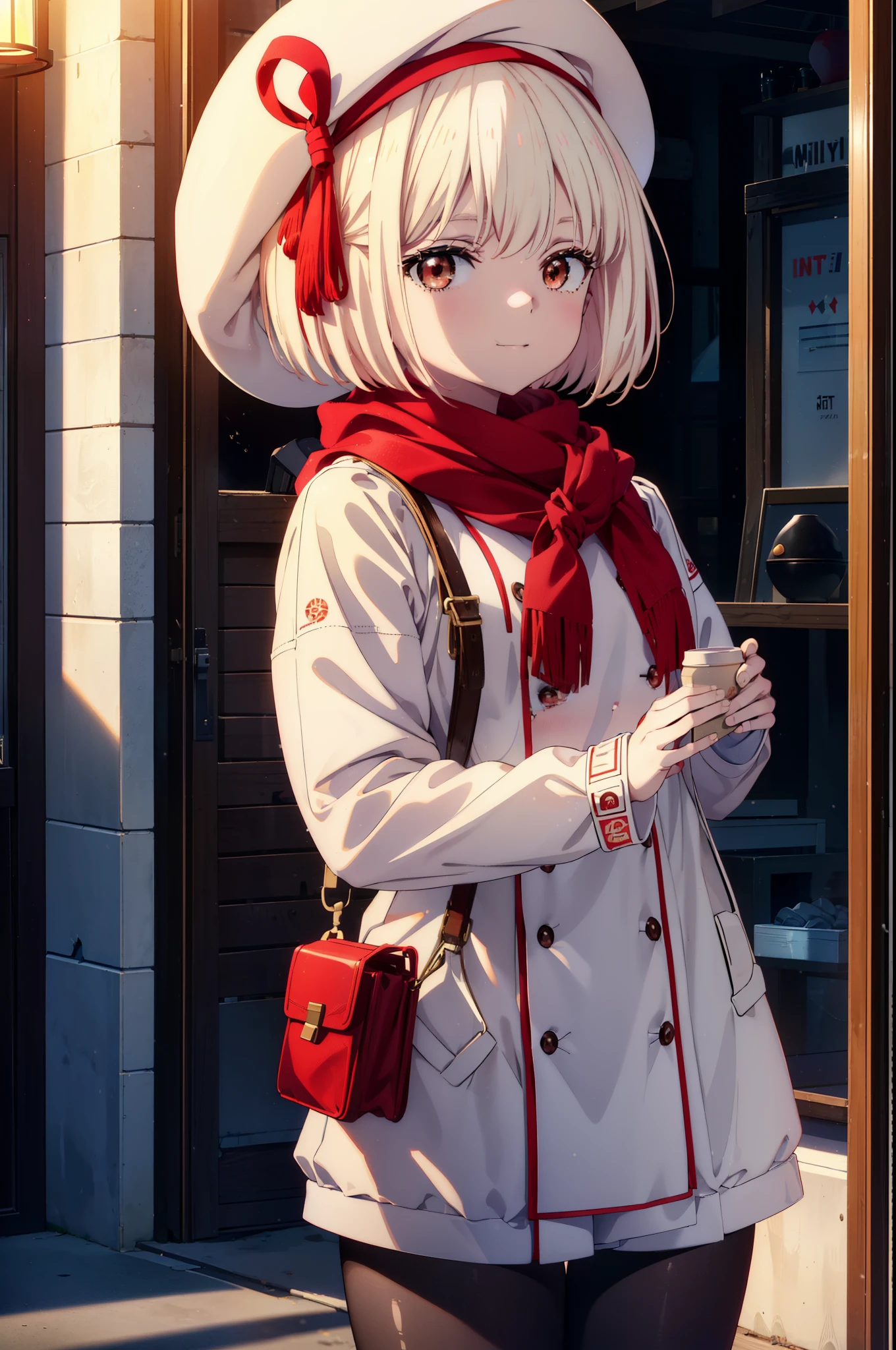 chisatonishikigi, nishikigi chisato,Short Hair , bangs, blonde,Bobcut (Red eyes:1.5),happy smile, smile, Open your mouth,Red oversized coat,White knit hat,White scarf,White Sweater,Shorts,White pantyhose,sneakers,Shirogane World,Snow is piling up,it's snowing,it's snowing,winter,Cold Sky,morning,morning陽,The sun is rising,
break looking at viewer, whole body, Upper Body,(Cowboy Shot:1. 5)
break outdoors, In town,Building district,
break (masterpiece:1.2), highest quality, High resolution, unity 8k wallpaper, (figure:0.8), (Beautiful fine details:1.6), Highly detailed face, Perfect lighting, Highly detailed CG, (Perfect hands, Perfect Anatomy),