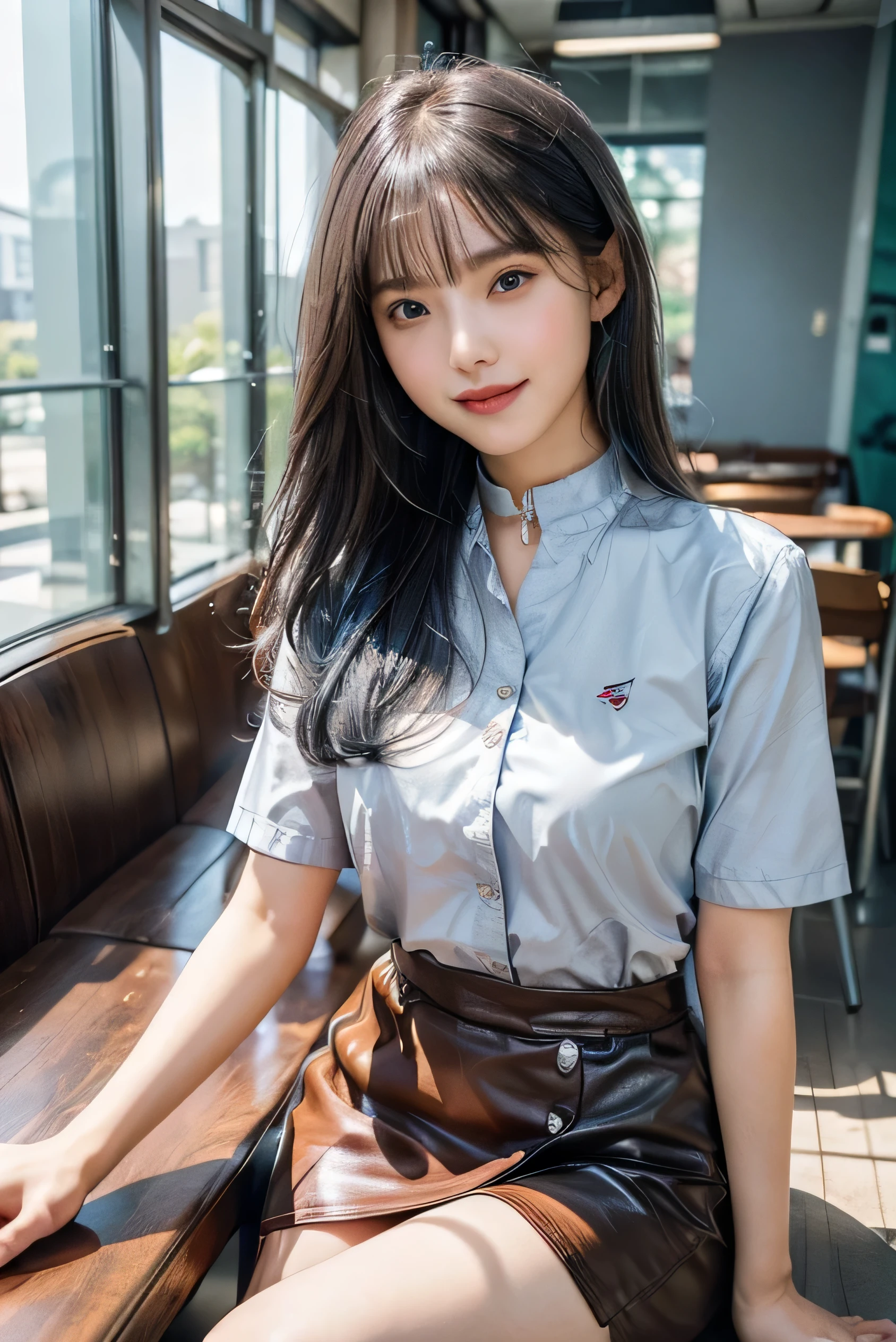 (Photorealistic:1.8, highest quality:1.8,8K masterpiece:1.8,High resolution,Mastepiece:1.8,RAW Photos,Cinematic lighting),No split screen、morning、Cafe、（A girl waving her hand:1.5)、(Soryu Asuka Langley)、View from the front、 （Completely naked、choker、Medium chest、White Shirt、OL affairs uniform、mini skirt、Wide open chest、Beautiful thighs、Plump nipples）、 (Beautiful, shining red, blue, white, brown and silver hair:1.5)、Sparkling Blue Eyes、Fine Lines、greet、Smile、holding a coffee cup