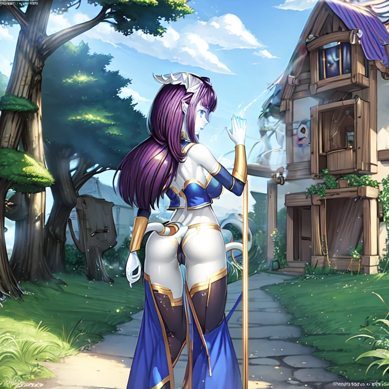 1girl, pale skin, blue glowing eyes, from behind, ass, tail, jewelry, Monara, purple hair, hand on ass, best quality, nature background