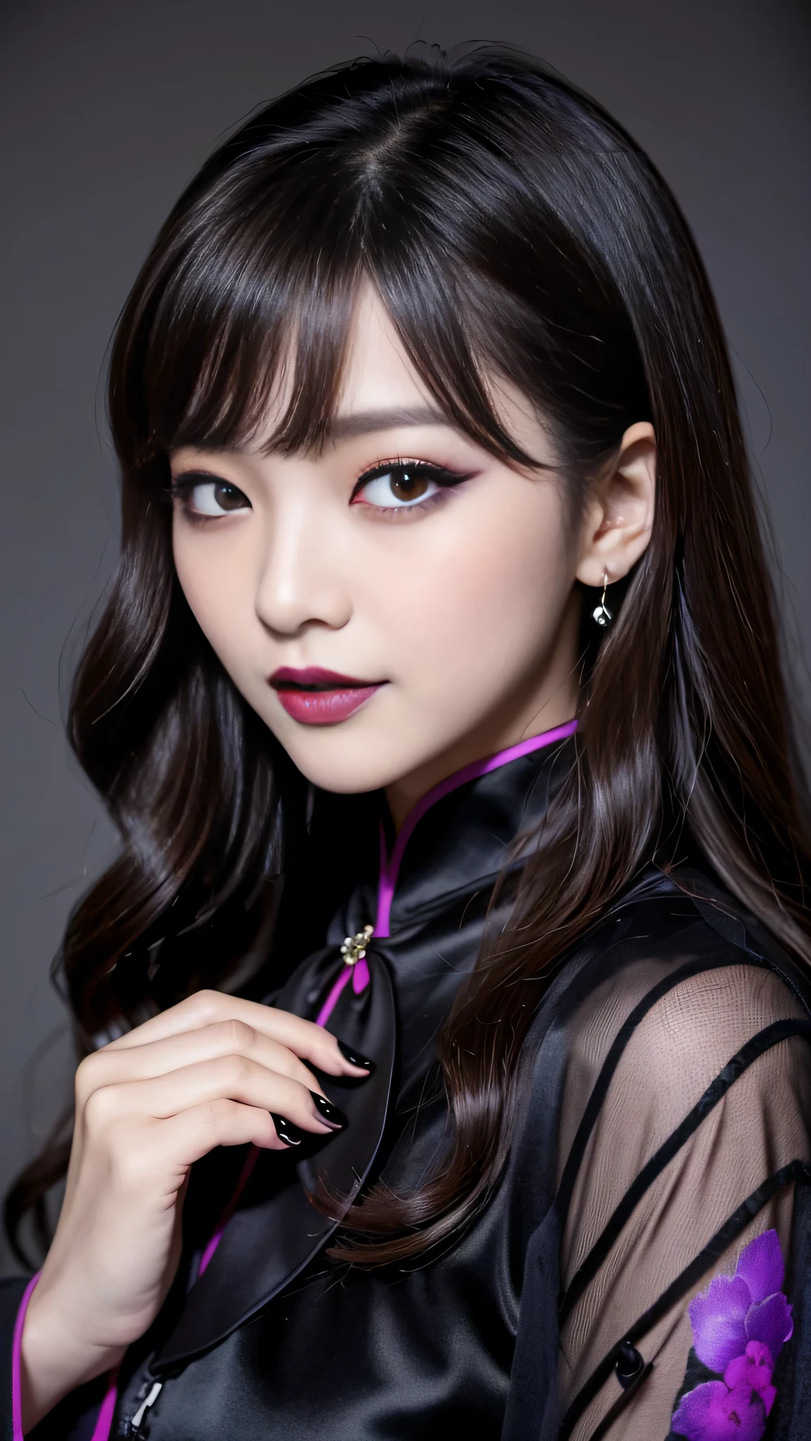 One woman、best quality、ultra-detailed、4k、Japanese、Seductive beauty、seductive adult woman、Pretty Woman、cool girl、Villainess、Brainwash、Fallen into evil、smirk、Evil look、Wicked Smile、evil、Brown hair、wavy hair、swept bangs、dark makeup、dark makeup、piercing eyes、hollow eyes,half-closed eyes、Hollow Eyes、Purple Eyeshadow、black lipstick、black lipglos、Long Black Cheongsam、Wide sleeves、night、inside darkroom、Has a switch、Emblem of Evil、Crest of Darkness、Swear allegiance、I have pledged my allegiance、Dye black、Blackening、Stained with evil、Dyed in darkness、