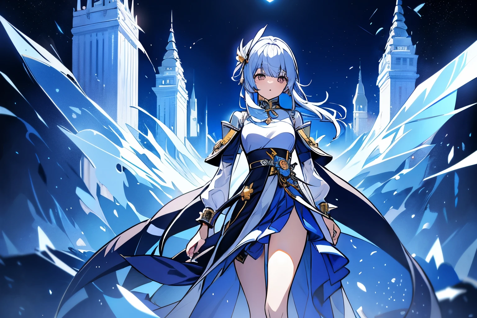 Manga characters stand on city streets in full costumes, inspired by Hong Ren's portrait, popular in CG society, dau-al-set, moon-themed costumes, silver ice reflective armor, blue accent costumes, Koqing from Genshin Impact, Ayaka Genshin Impact, blue and ice silver armor