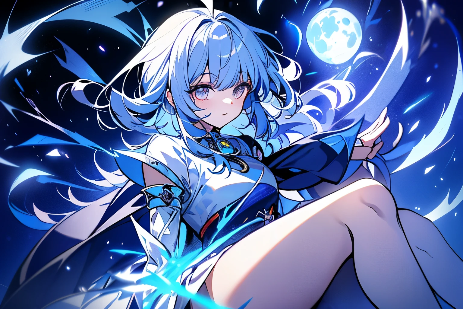 8k, highest quality, (real:1.4), Original photo, 1 girl, Asari Hair, Biological Amplifier, refined armor, posture: Peace talks between warring factions,,Attention Clever Blue Eyes,A modest smile、Knee-high boots、Blue big moon and blue light swirl in the background、Blue light from behind、blue light magic,A small, glowing blue ball in the palm of your hand,Blue flame swirl