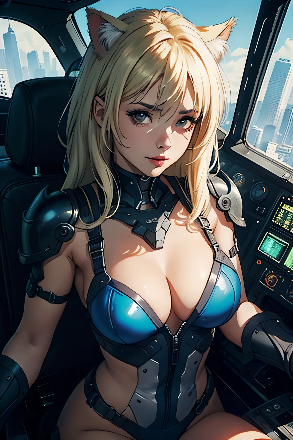 ((highest quality)), ((masterpiece)), (be familiar with), (High definition), 8K, Perfect Face、2Women、Two blonde women with cat ears、((Standing by in the mobile suit's 2cockpit))、Fearless smile、tall、2 Blonde cat ears、2. Long Hair、2. Volumetric hair style、Large Breasts、Narrow waist、Big Ass、glamorous、Alluring、protector、Armor、combat suit、Combat Boots、Armament、Cinematic、Best Shadow、Side lighting、NEO TOKYO、((cockpit))、(Close-up of face)