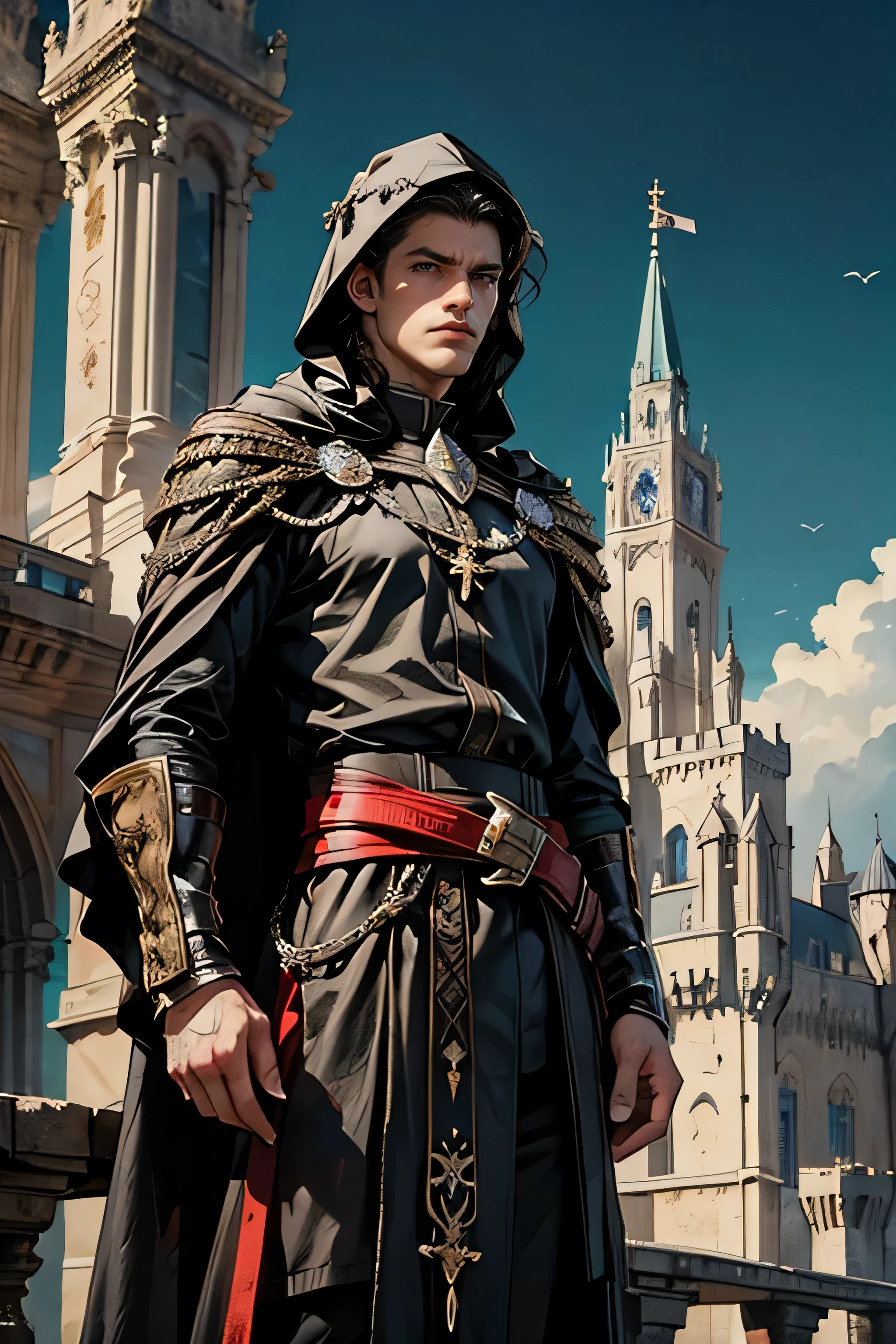 obra de arte, melhor qualidade, homem magro, forte, cabelo preto, duas facas, olhos brancos, fundos castelo, castle background, hood on head, corpo inteiro, from head to toe, pele cinza, very pale.