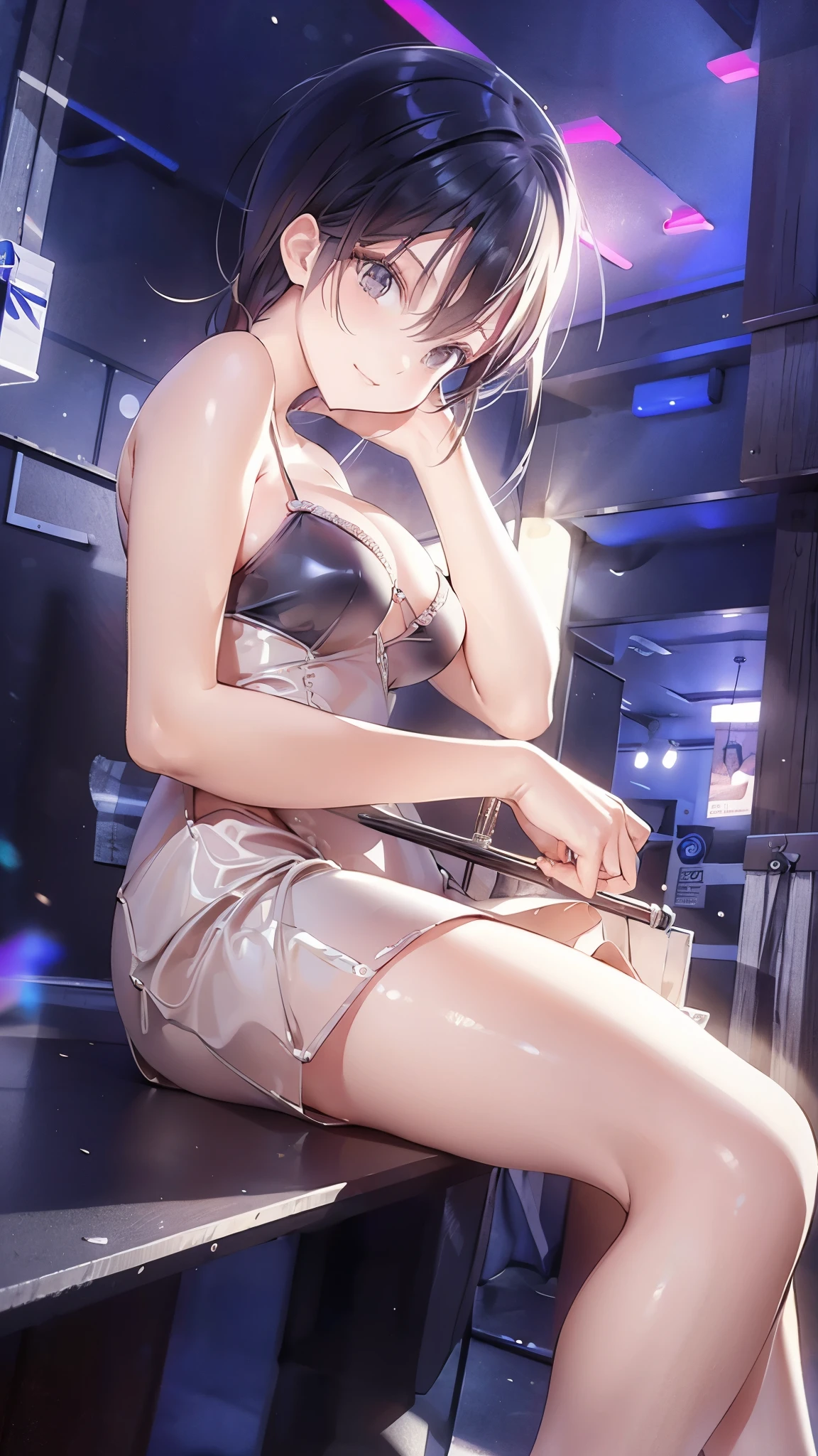 sc1, couch, scenery, table, indoors, night sky, low_light, depth of field, from from side, sitting,, ultra detailed, masterpiece, best quality, aesthetic, detailed,, solo, soft smile, light smile,

highest quality、超A high resolution、(Photorealistic:1.1)、masterpiece、One Girl、、Shiny silk cabaret dresake、eye shadow、Heavy makeup、Shiny Pin Clip Stick))、Stiletto heels、　Cabaret Club、Hostess、Nightlife

(trouble girl:1.5)