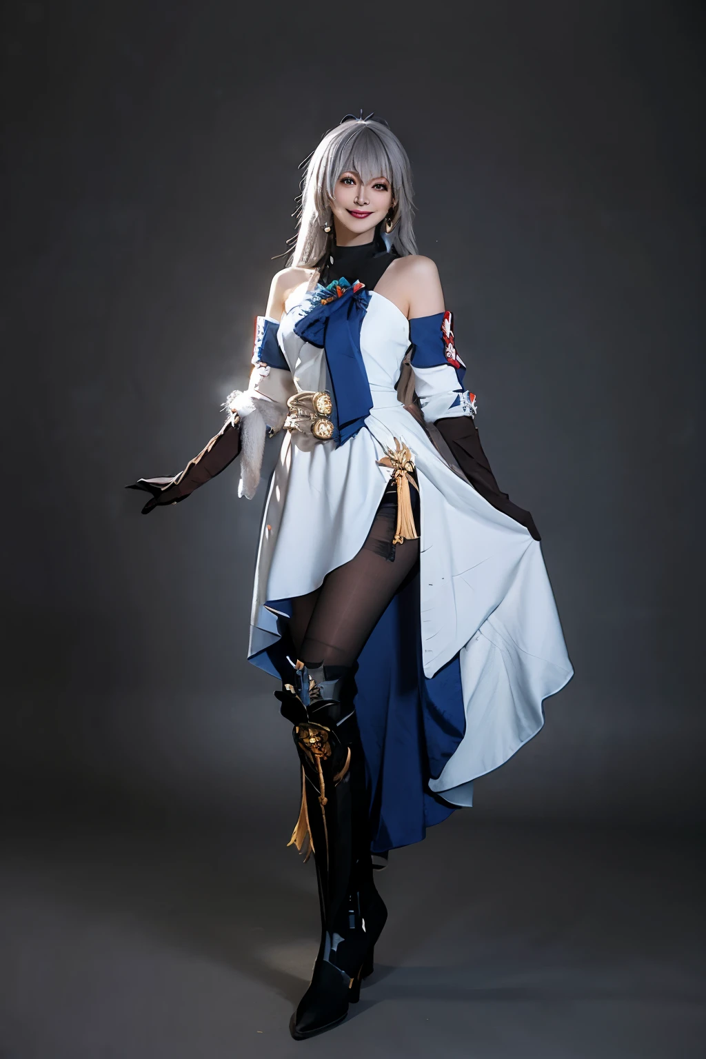 best quality, masterpiece, realistic, photorealistic, 1girl, solo, looking at viewer, smile, standing, full body, arms at side, bronya cosplay costume, cosplay, grey hair, long hair, drill hair, dress, detached sleeves, jewelry, gloves, elbow gloves, gauntlets, pantyhose, black pantyhose, boots, thigh boots, knee , simple background, grey background, 