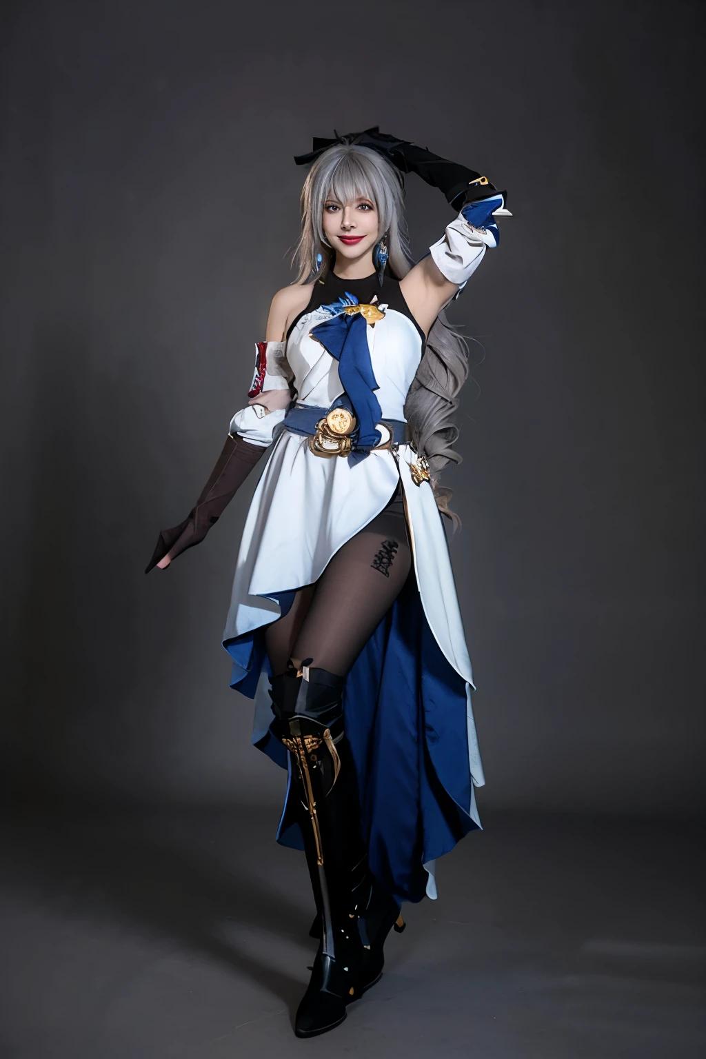 best quality, masterpiece, realistic, photorealistic, 1girl, solo, looking at viewer, smile, standing, full body, arms at side, bronya cosplay costume, cosplay, grey hair, long hair, drill hair, dress, detached sleeves, jewelry, gloves, elbow gloves, gauntlets, pantyhose, black pantyhose, boots, thigh boots, knee , simple background, grey background, 