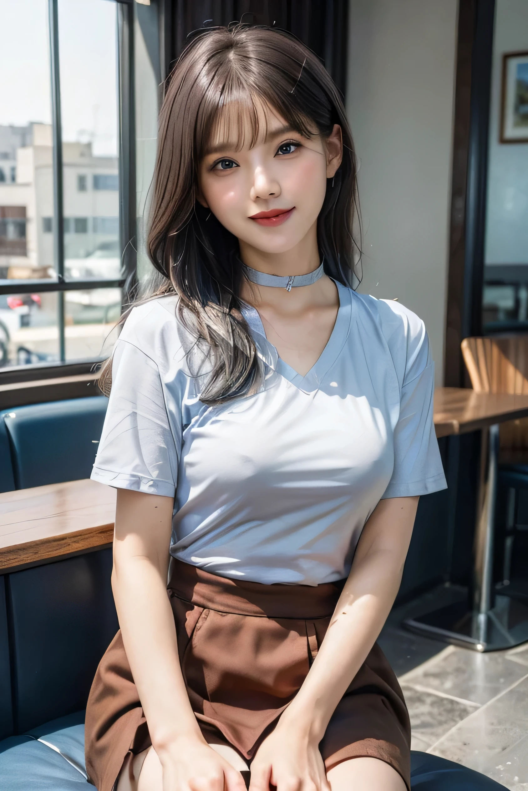 (Photorealistic:1.8, highest quality:1.8,8K masterpiece:1.8,High resolution,Mastepiece:1.8,RAW Photos,Cinematic lighting),No split screen、morning、Cafe、(A girl raises her hand to call someone:1.5)、(Soryu Asuka Langley)、View from the front、
(Completely naked、choker、Medium chest、White Shirt、Tennis Wear、mini skirt、Wide open chest、Beautiful thighs、Plump nipples)、
(Beautiful, shining red, blue, white, brown and silver hair:1.5)、Sparkling Blue Eyes、Fine Lines、greet、Smile、holding a coffee cup