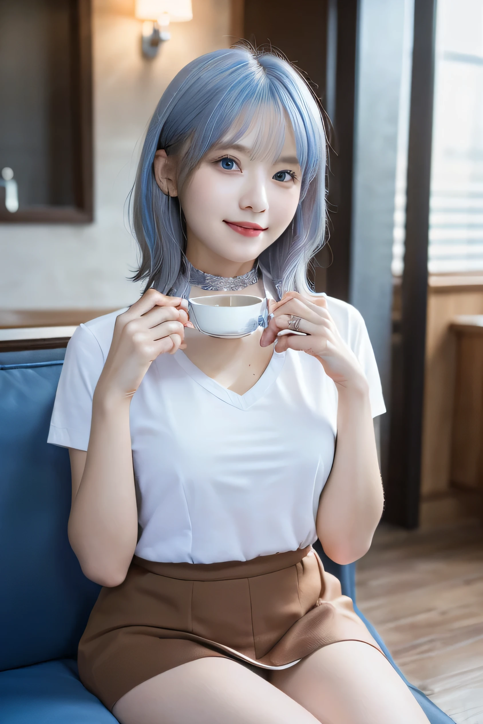 (Photorealistic:1.8, highest quality:1.8,8K masterpiece:1.8,High resolution,Mastepiece:1.8,RAW Photos,Cinematic lighting),No split screen、morning、Cafe、(A girl raises her hand to call someone:1.5)、(Soryu Asuka Langley)、View from the front、
(Completely naked、choker、Medium chest、White Shirt、Tennis Wear、mini skirt、Wide open chest、Beautiful thighs、Plump nipples)、
(Beautiful, shining red, blue, white, brown and silver hair:1.5)、Sparkling Blue Eyes、Fine Lines、greet、Smile、holding a coffee cup、Photo from below