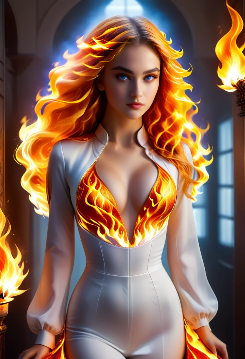You have a mission!! task (((The most beautiful angel in a perfectly tailored outfit in a given situation))), (give the solution!!), (((one rule is the golden ratio and white balance))), ((always draw hands and fingers correctly, correct them if you make a mistake)), In the darkness, a woman's figure is illuminated by a circular flames that frames her head, 18 year old flaming Phoenix female, complete beautiful perfect body ,flawless perfect Caucasian skin, curved lips, long luscious hair made of flames, hyper detailed realistic flaming Phoenix dess, neon ruby eyes,