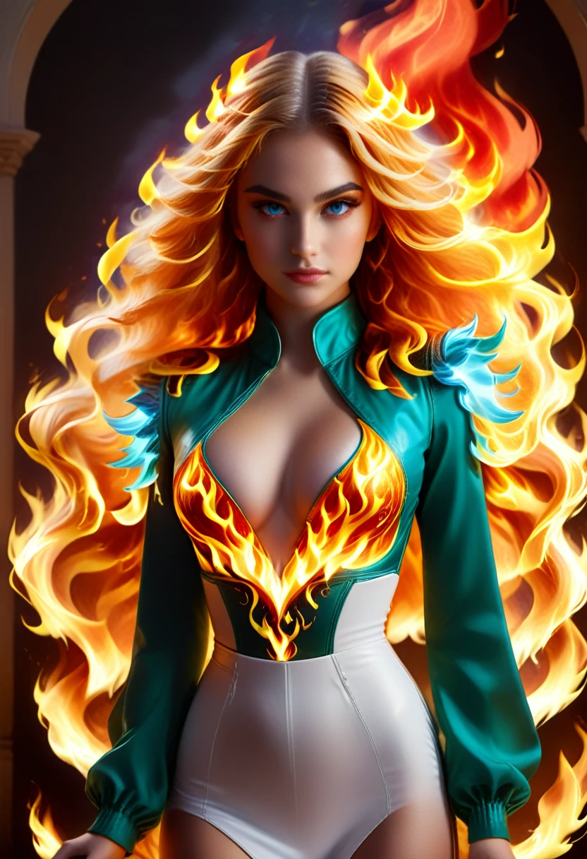 You have a mission!! task (((The most beautiful angel in a perfectly tailored outfit in a given situation))), (give the solution!!), (((one rule is the golden ratio and white balance))), ((always draw hands and fingers correctly, correct them if you make a mistake)), In the darkness, a woman's figure is illuminated by a circular flames that frames her head, 18 year old flaming Phoenix female, complete beautiful perfect body ,flawless perfect Caucasian skin, curved lips, long luscious hair made of flames, hyper detailed realistic flaming Phoenix dess, neon ruby eyes,