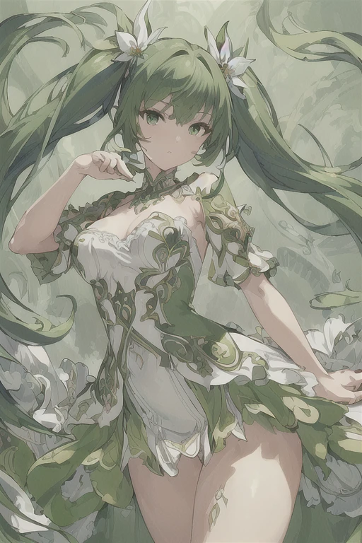 (((masterpiece))),(((bestquality))),((ultra-detailed)),(illustration),((anextremelydelicateandbeautiful)),dynamicangle,floating,(beautifuldetailedeyes),(detailedlight) (1girl), solo, floating_hair,glowingeyes,green hair,greeneyes, twintails, halterdress, atdan, green background, 